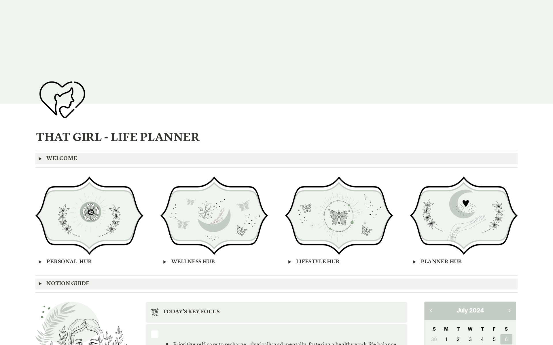 Introducing our That Girl Life Planner in Sage Green, a minimalist aesthetic Notion template that sets a new standard for organization with elegance.