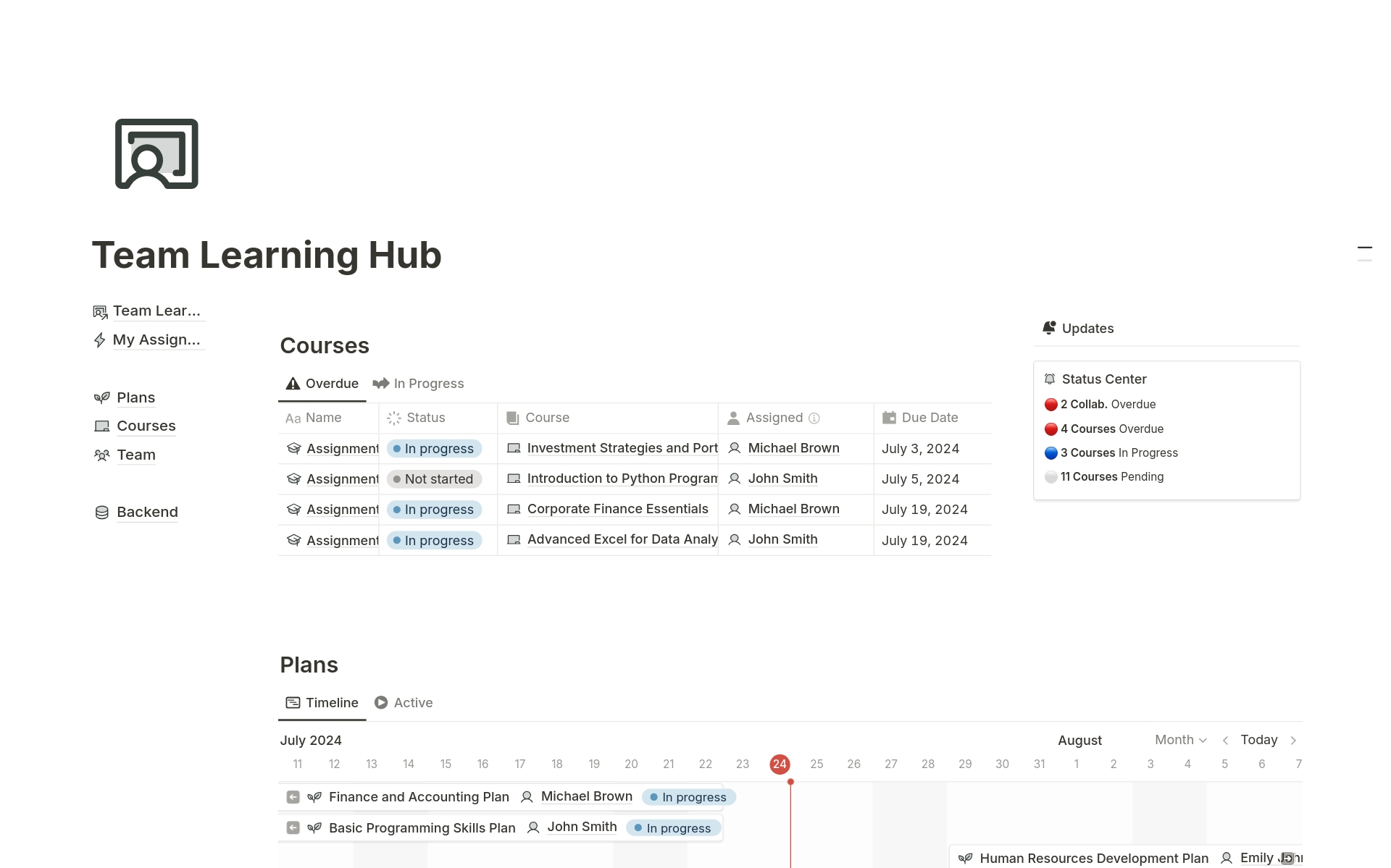 A template preview for Team Learning Hub