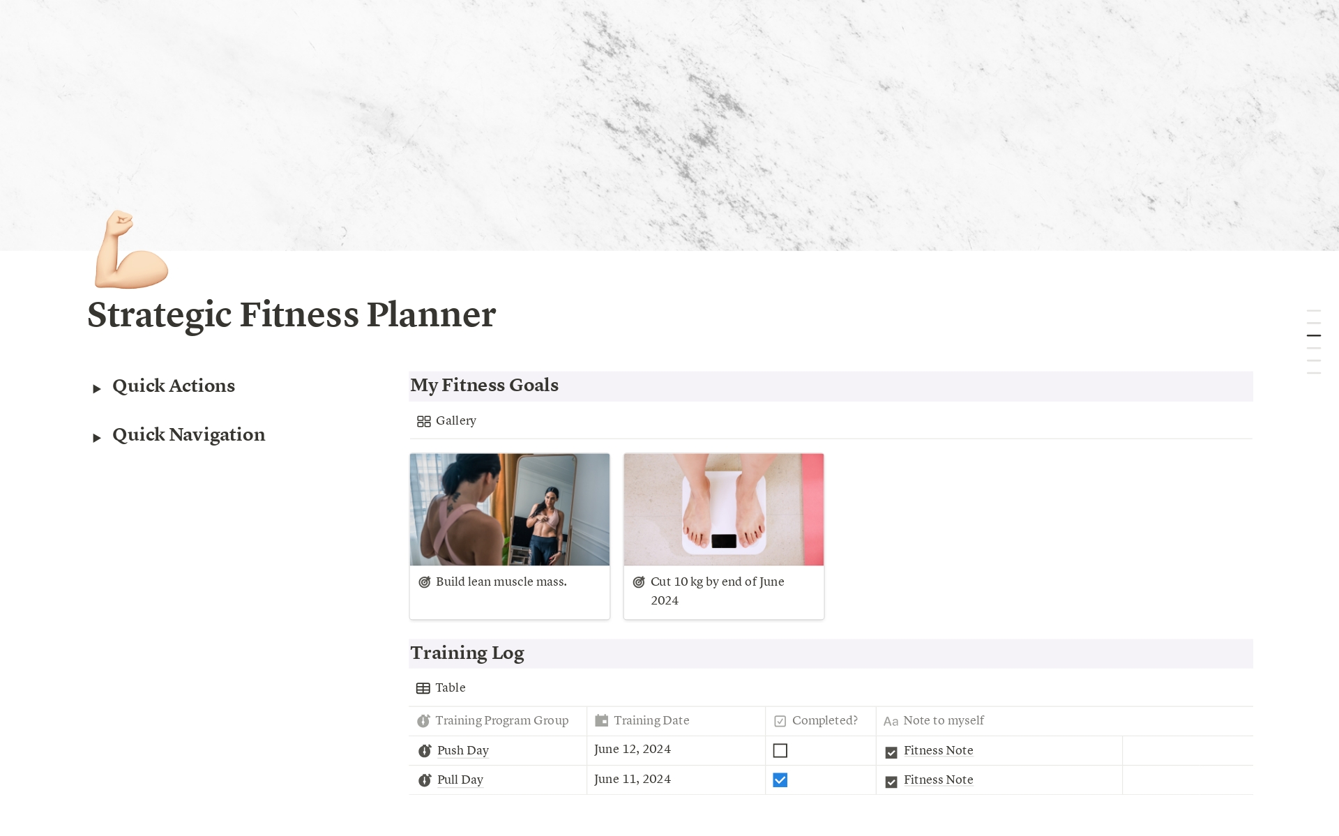 Become better at maintaining your fitness

This pre-made Strategic Fitness Planner Notion template is designed to help you monitor your fitness performance as well as plan your nutrition meals ahead