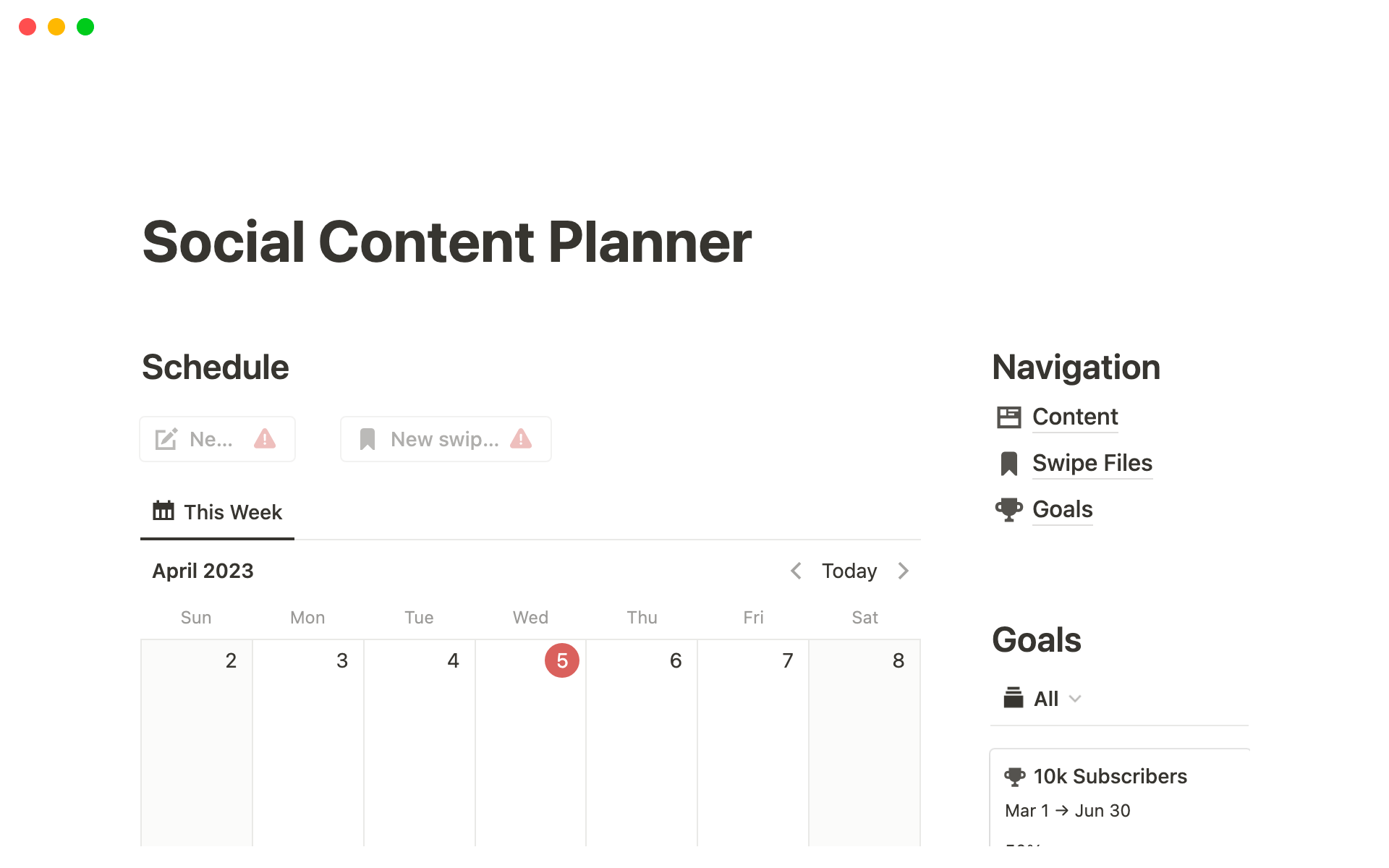 En förhandsgranskning av mallen för Notion Social Content Planner