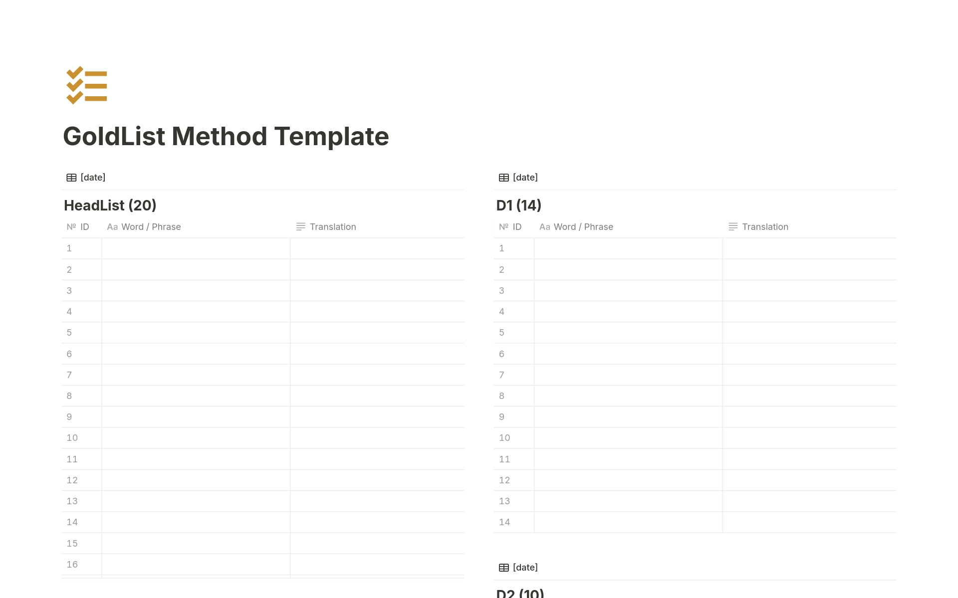 A template preview for GoldList Method