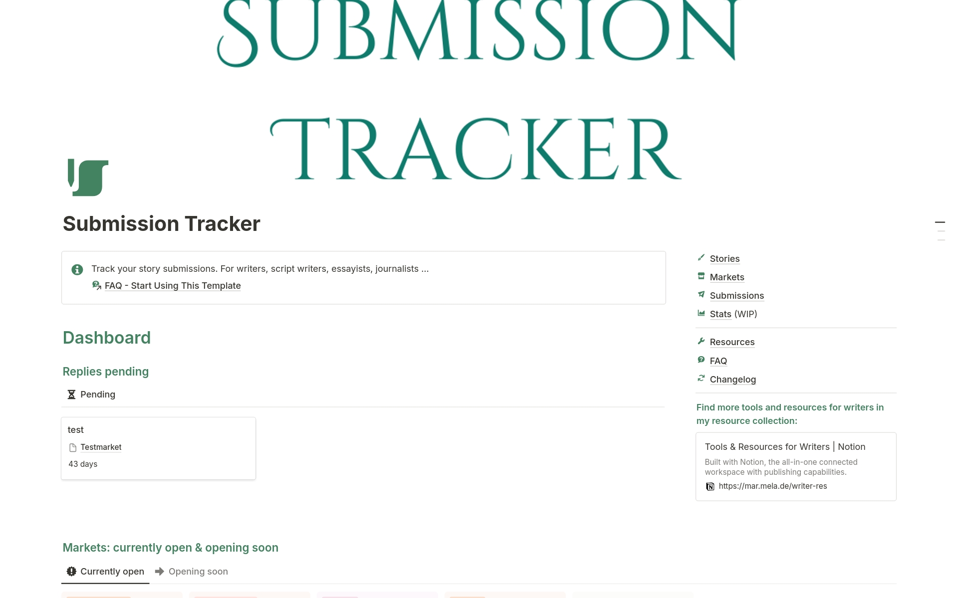 A template preview for Story & Manuscript Submission Tracker for Writers