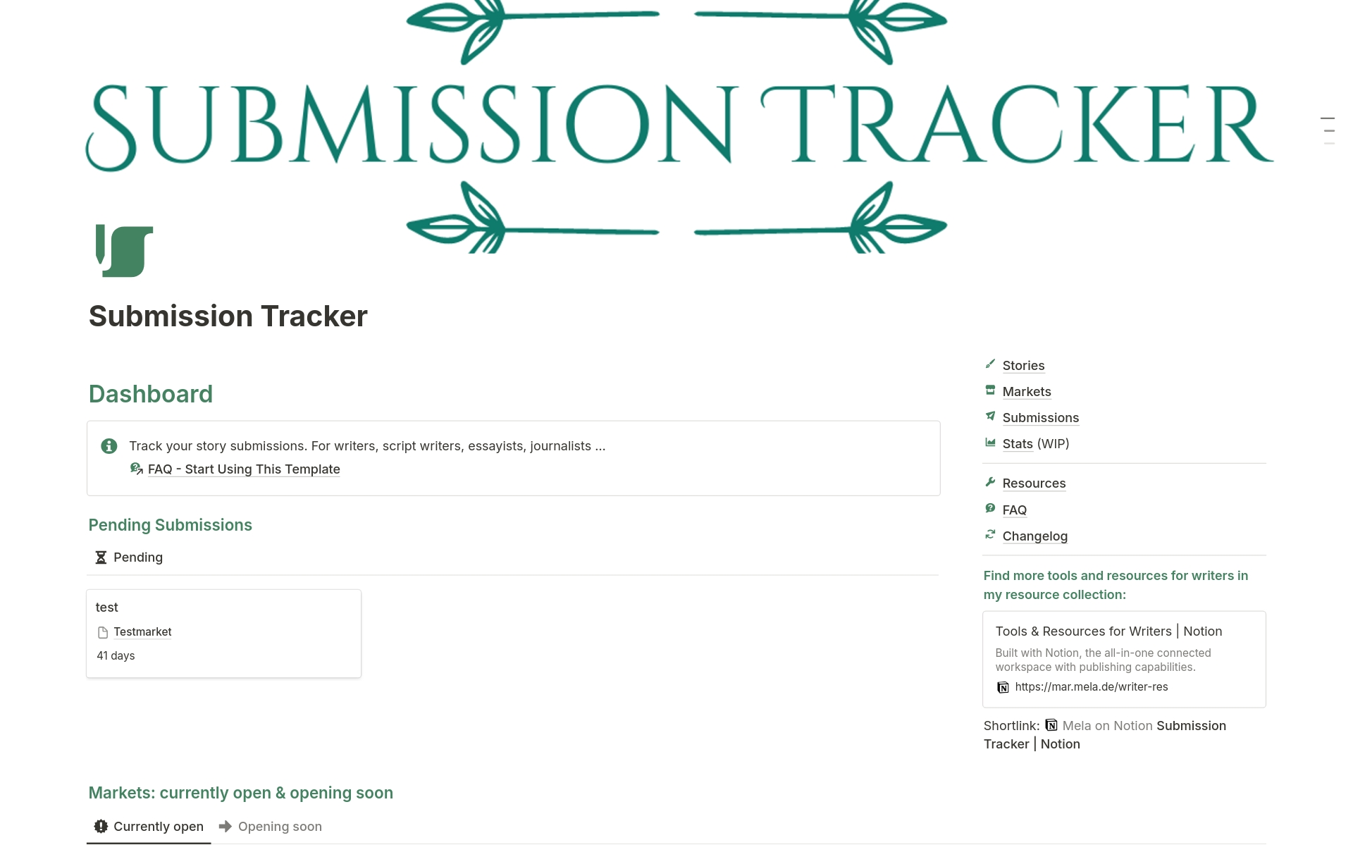 A template preview for Story & Manuscript Submission Tracker for Writers