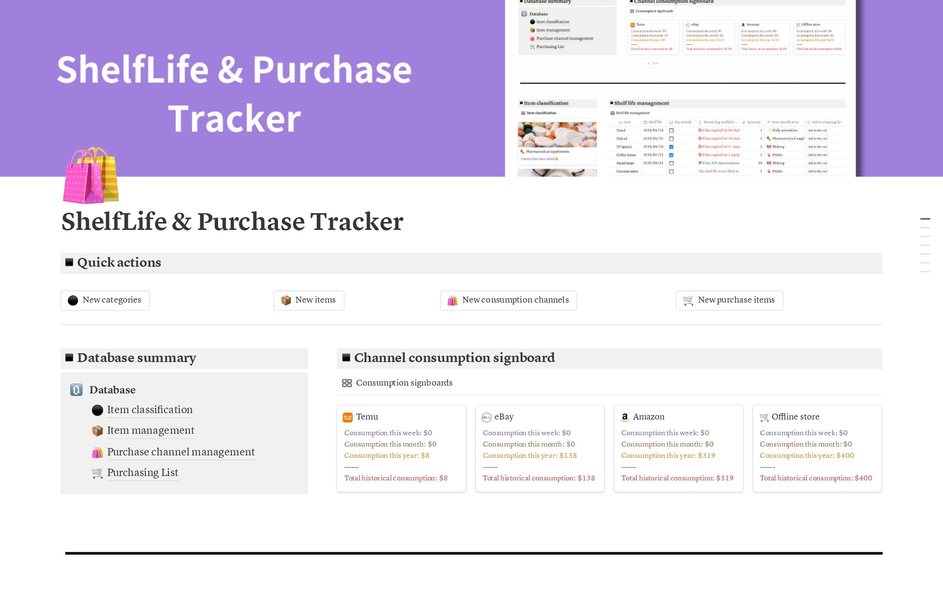 A template preview for ShelfLife & Purchase Tracker