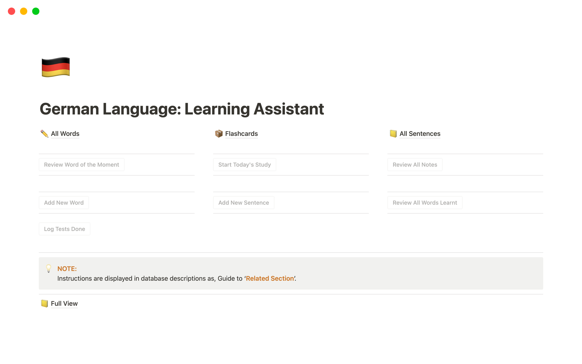 En förhandsgranskning av mallen för German Language: Learning Assistant