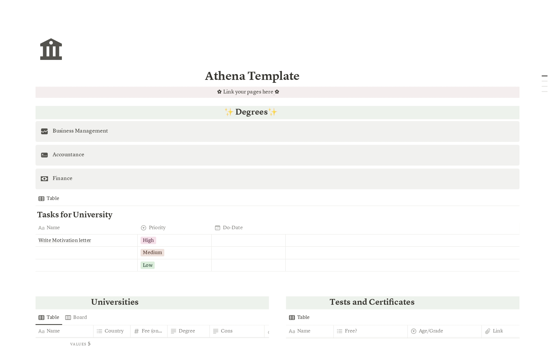 A template preview for Athena's University Application