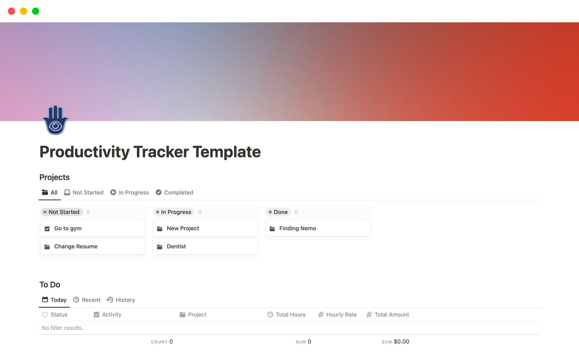 A template preview for Productivity Tracker