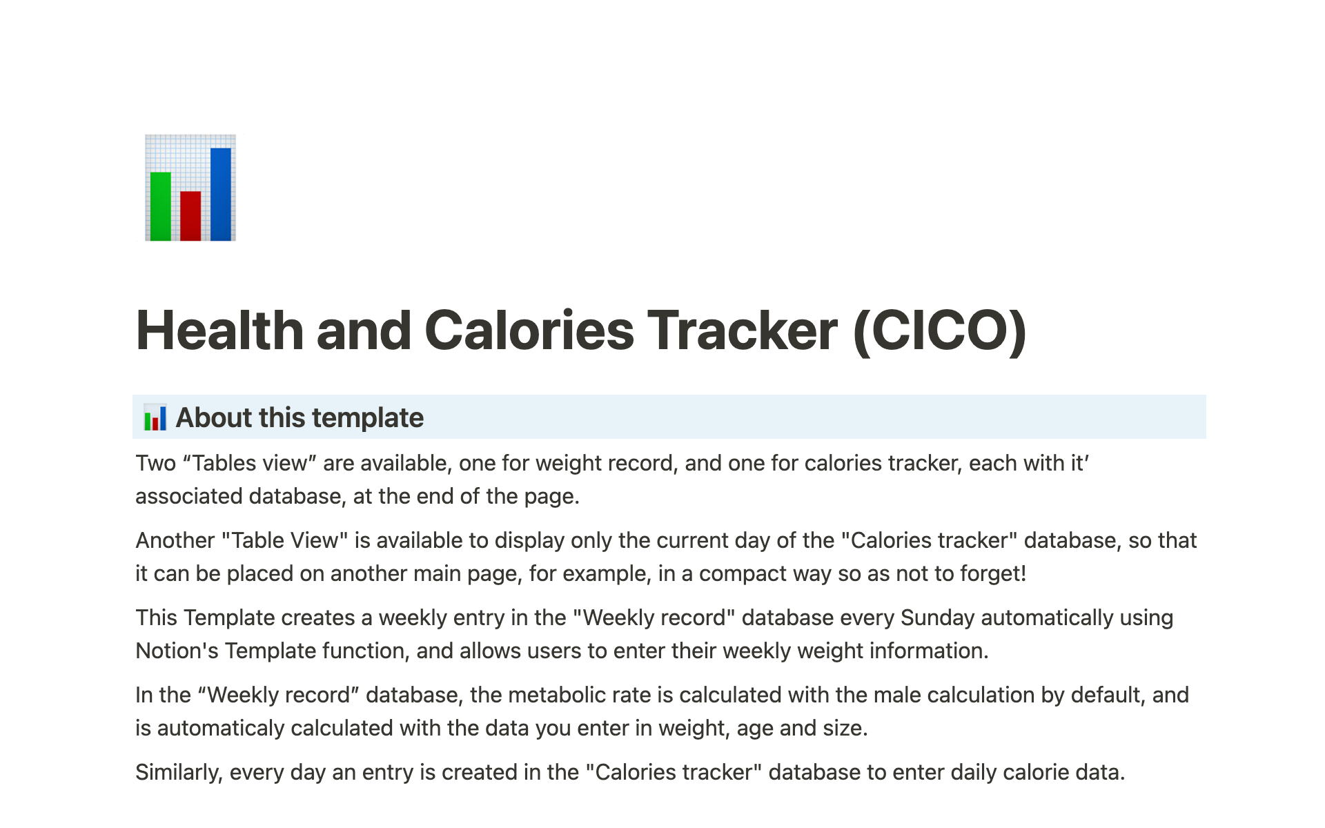 En förhandsgranskning av mallen för Health and Calories Tracker (CICO)
