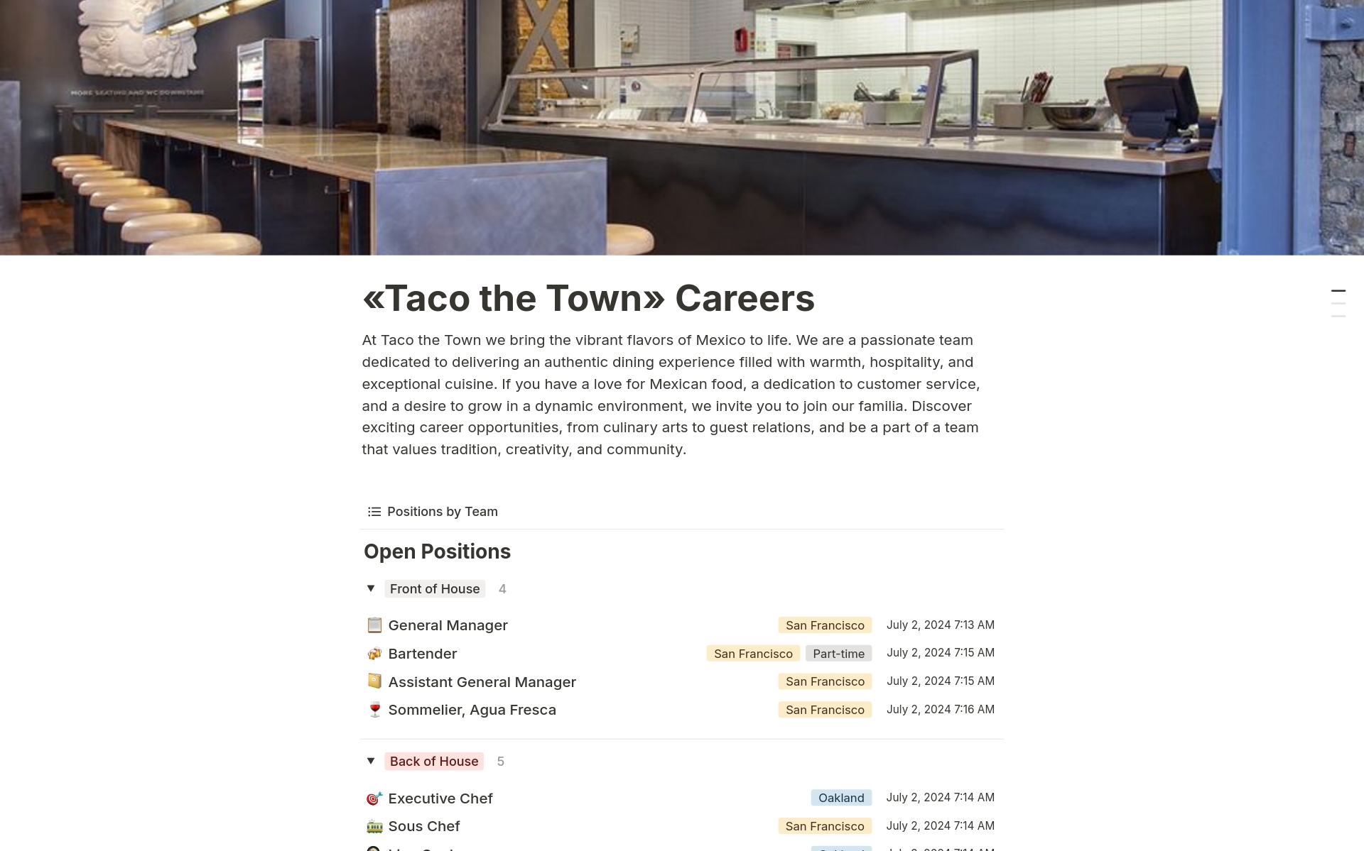 Taco the Town Careers Pageのテンプレートのプレビュー