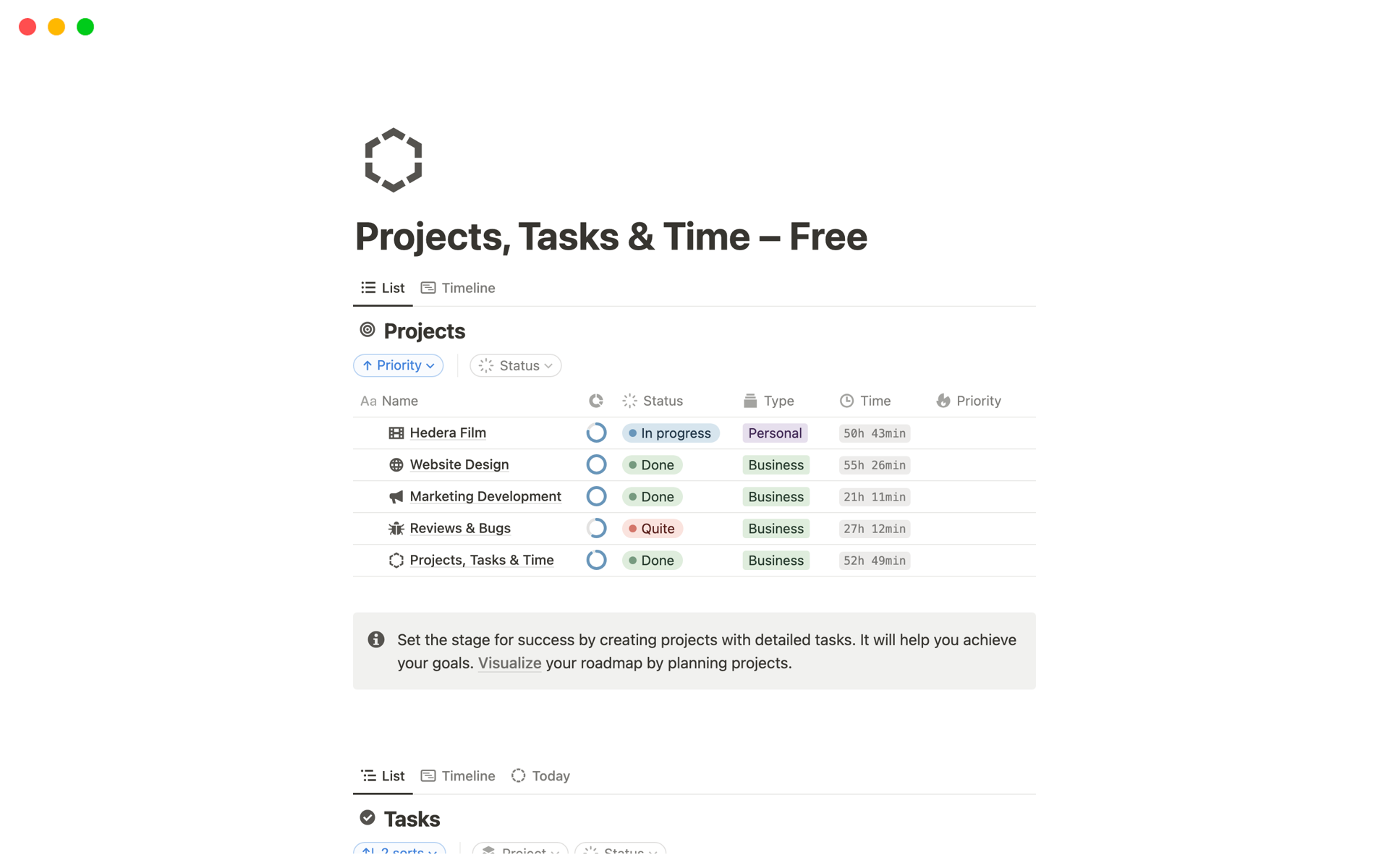 En förhandsgranskning av mallen för Projects, Tasks & Time