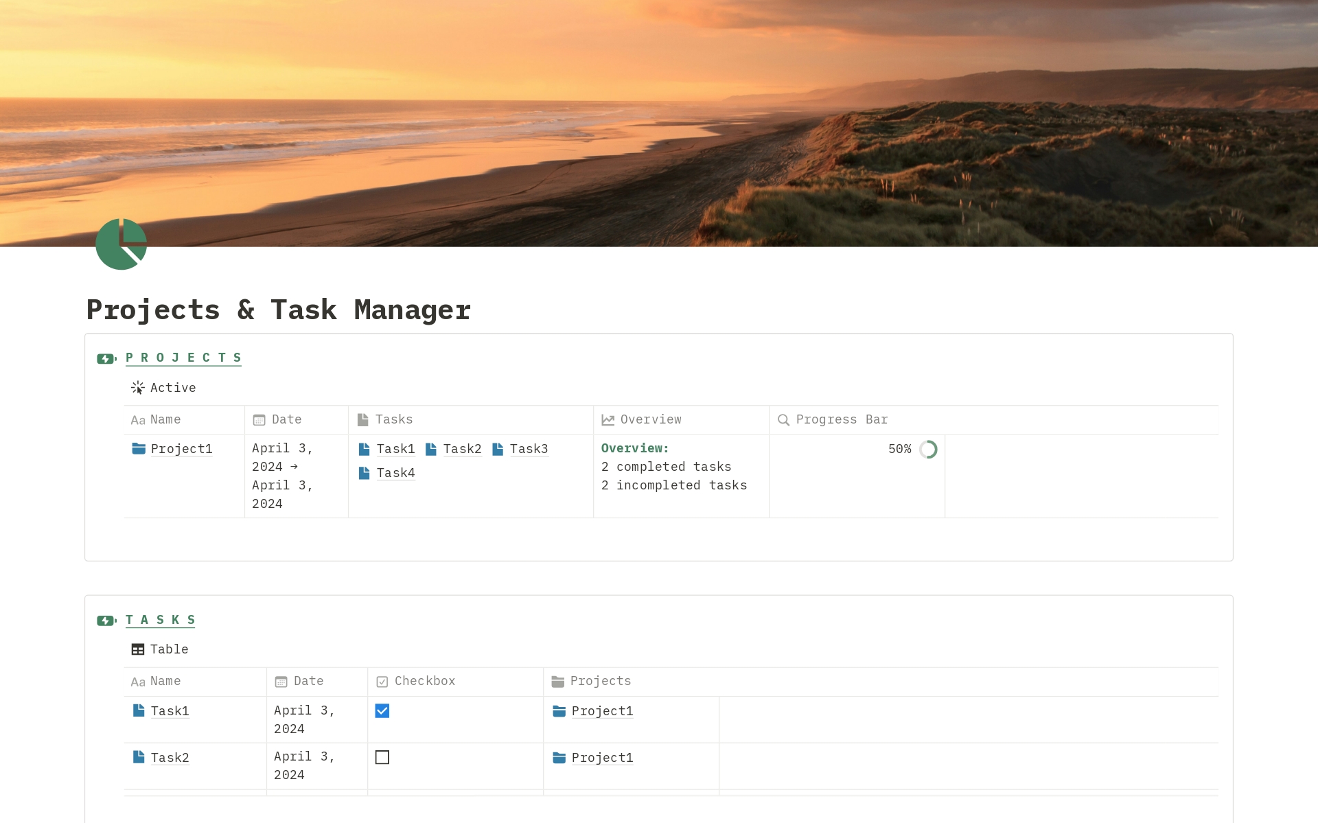 Eine Vorlagenvorschau für Projects & Tasks Manager - Dark Mode