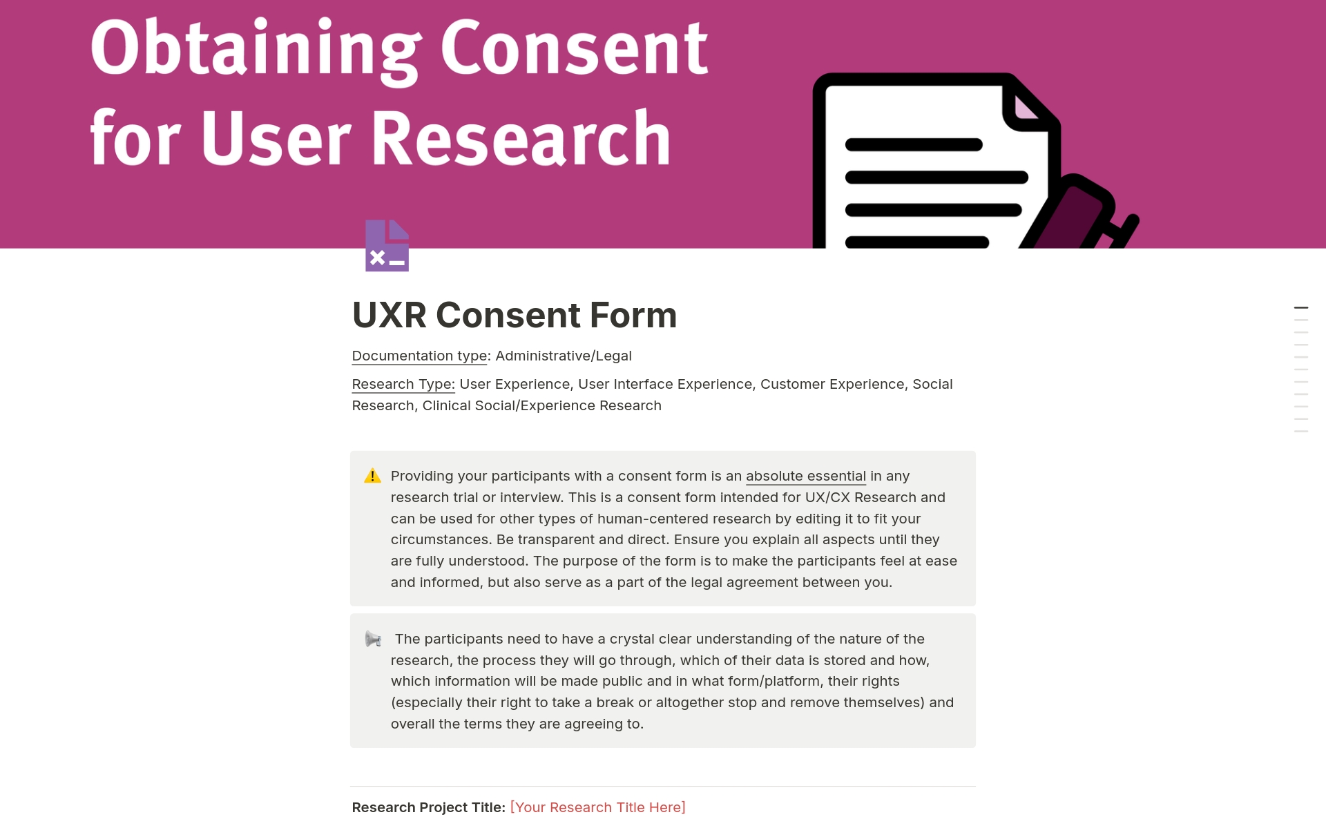 A template preview for UXR Consent Form 