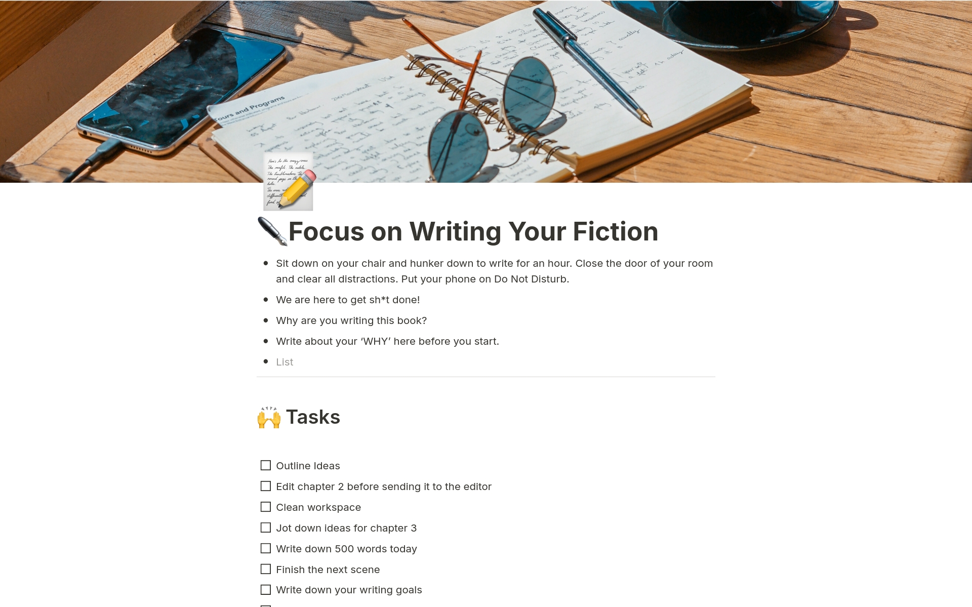 En förhandsgranskning av mallen för Focus on Writing Your Fiction