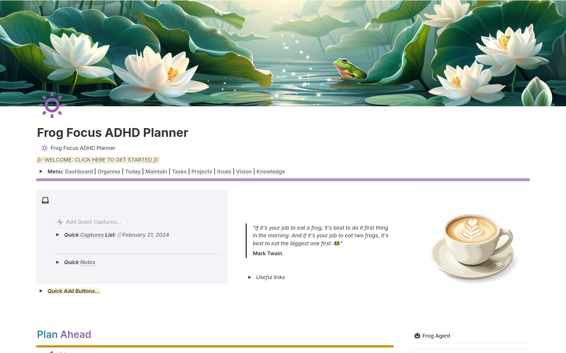 A template preview for Frog Focus ADHD Planner