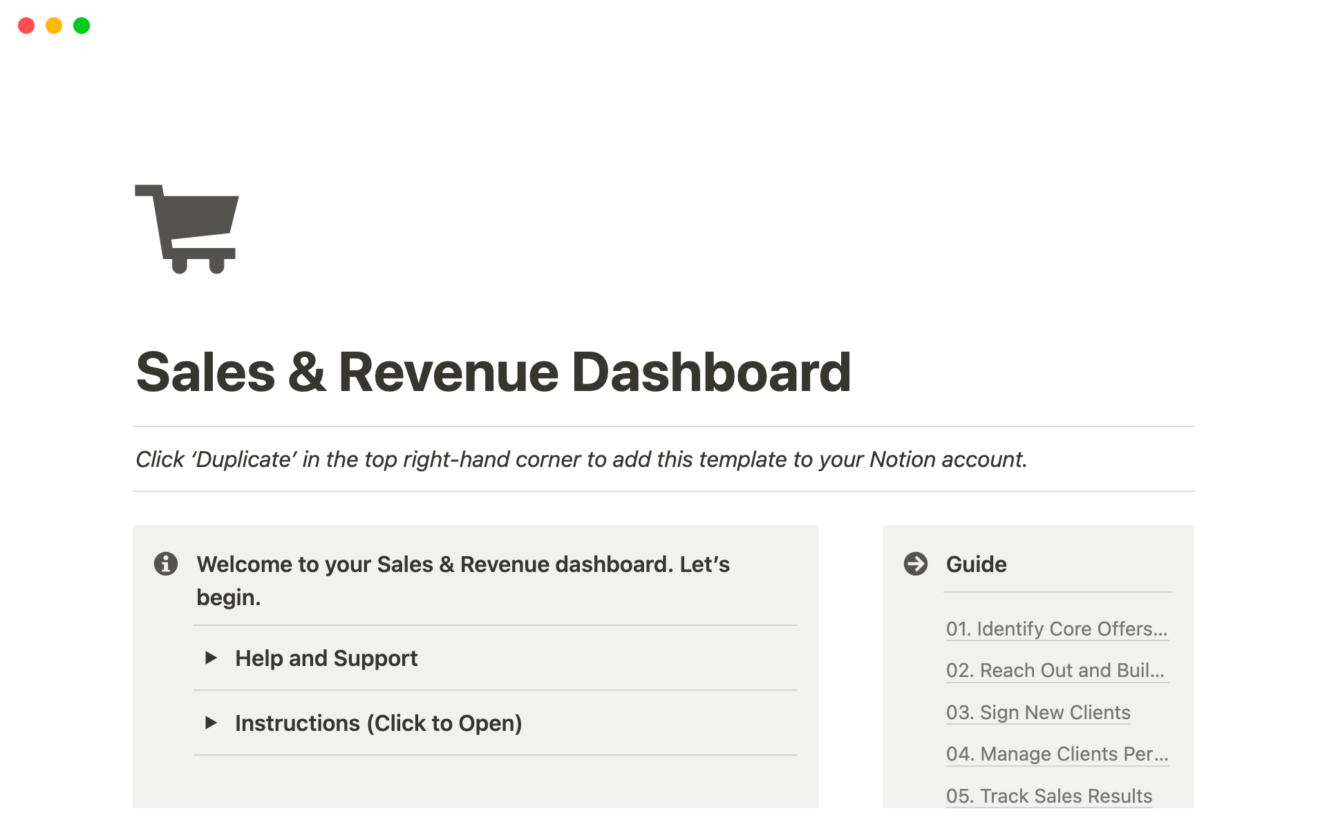 En forhåndsvisning av mal for Sales & Revenue Dashboard
