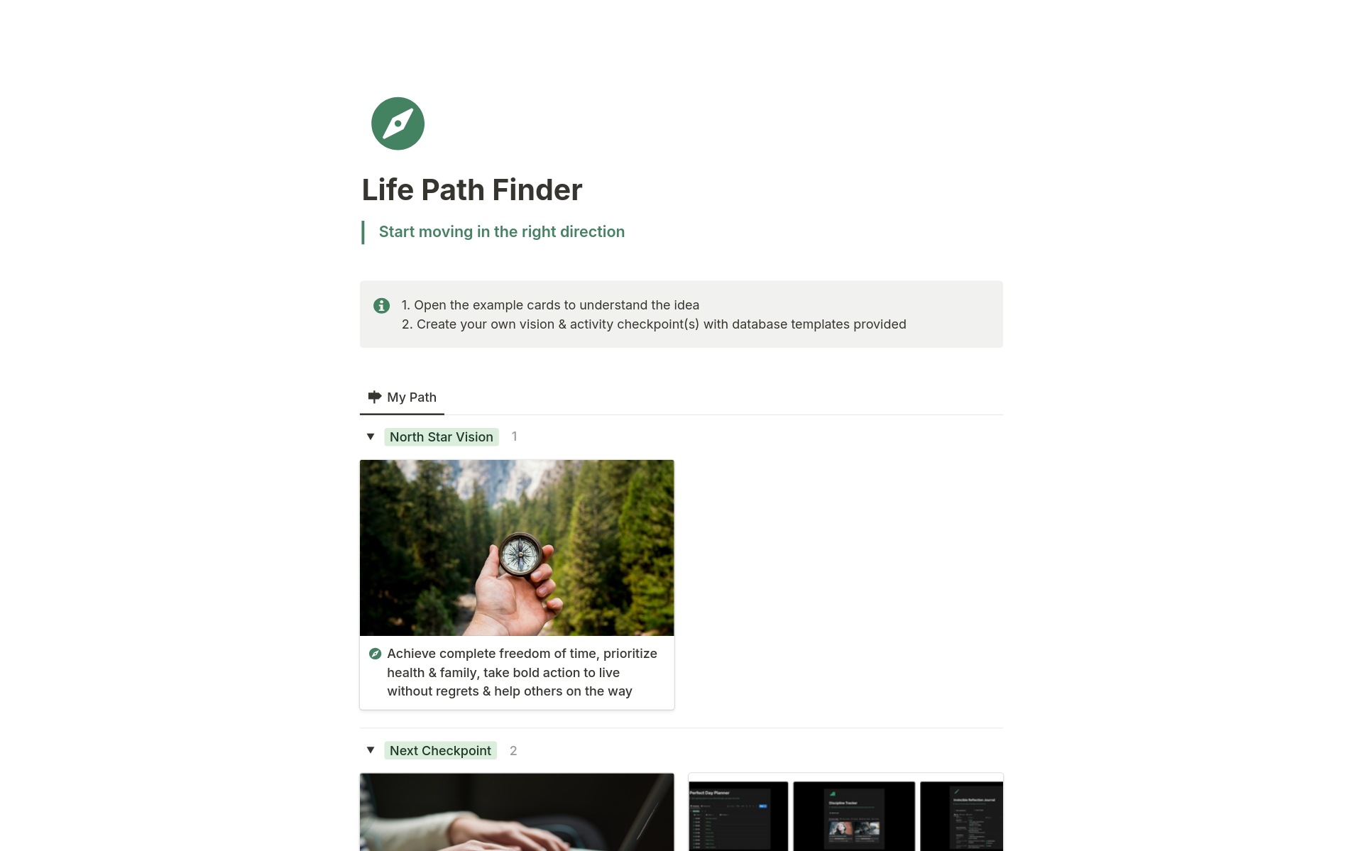 Craft your personal vision statement and plan your next activity checkpoint with Life Path Finder. Use your life values and guiding questions as help.