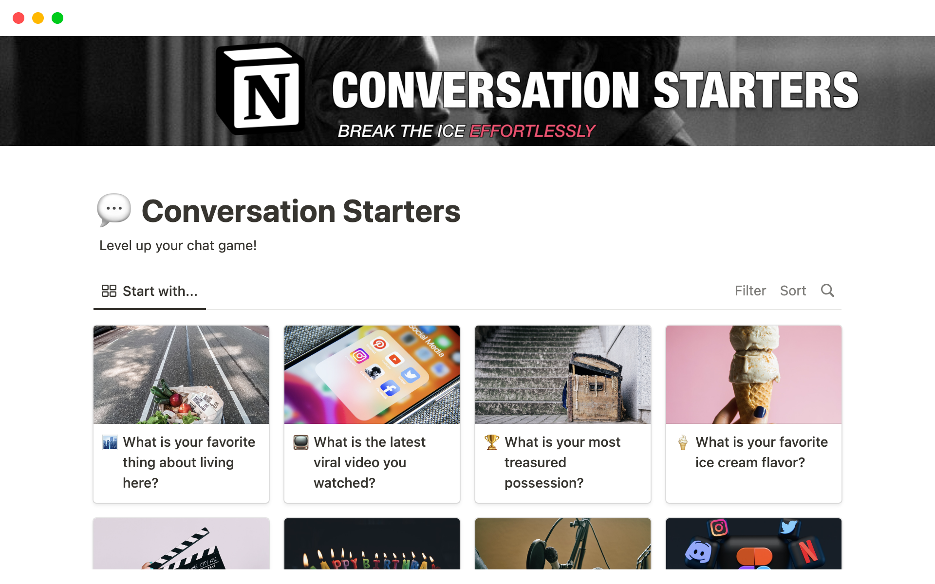 En förhandsgranskning av mallen för Conversation Starters