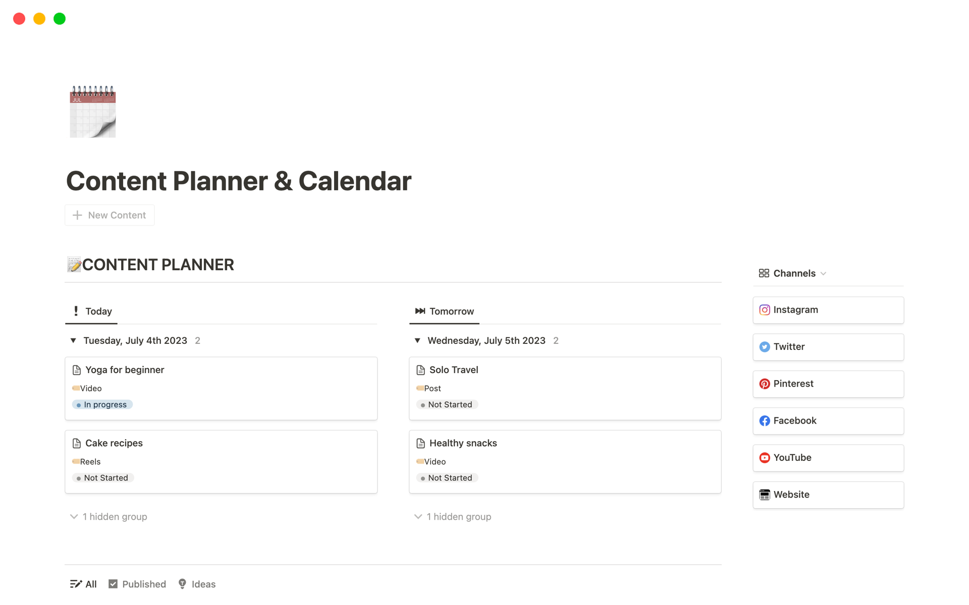 En forhåndsvisning av mal for Content Planner & Calendar