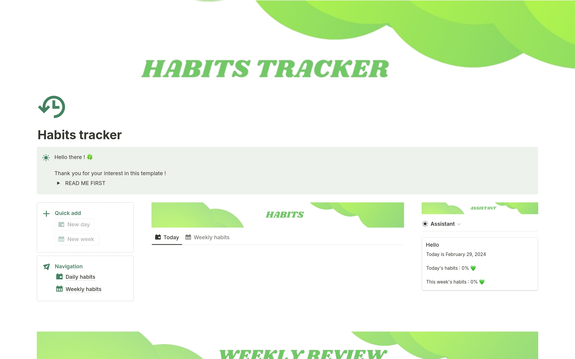 En forhåndsvisning av mal for Habits tracker
