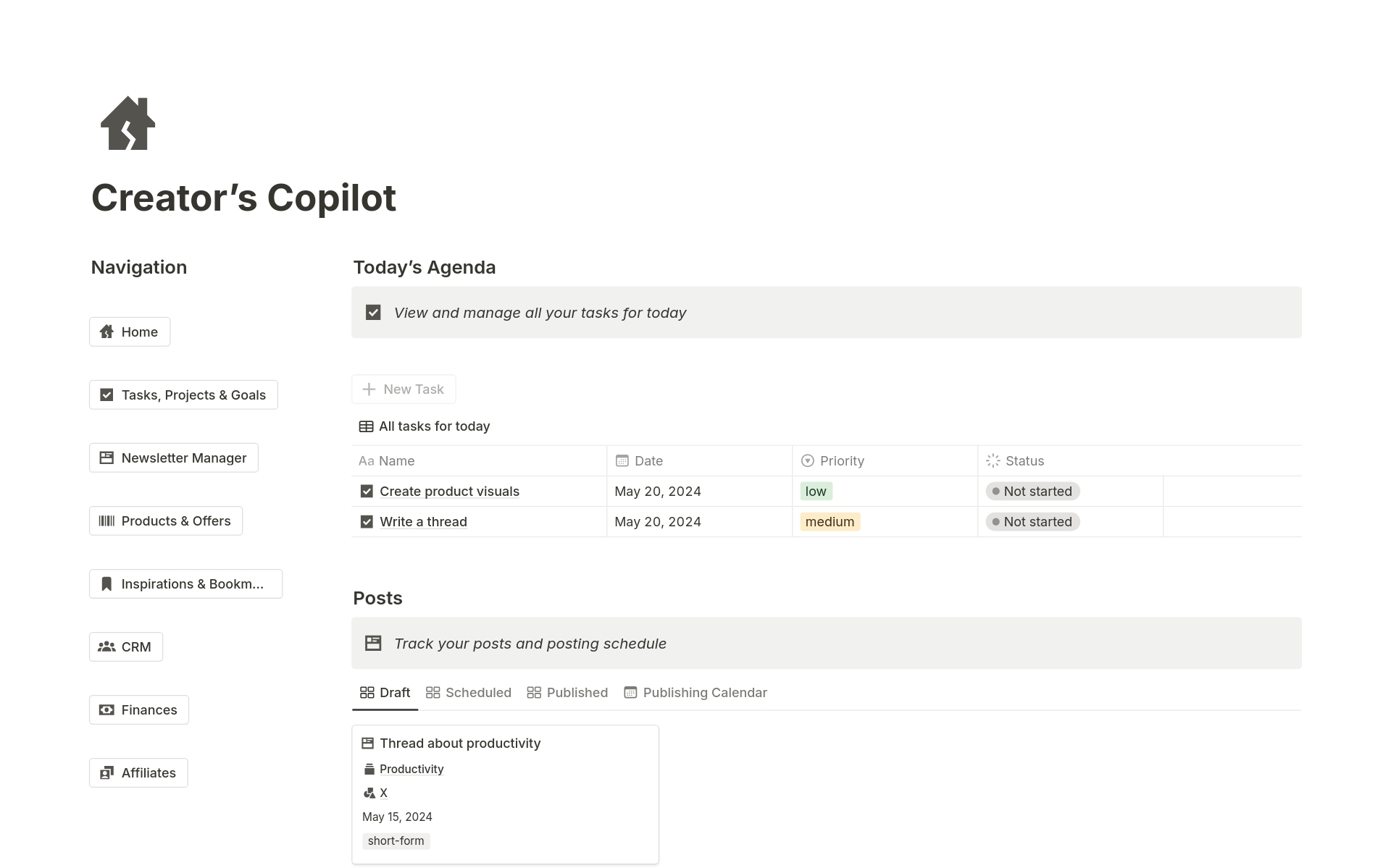 Manage All Your Creator's Activities In One Place.
Creator Copilot Notion System is designed to help you create and plan quality content, manage products, offers, and clients, and achieve goals faster with a systematic approach.