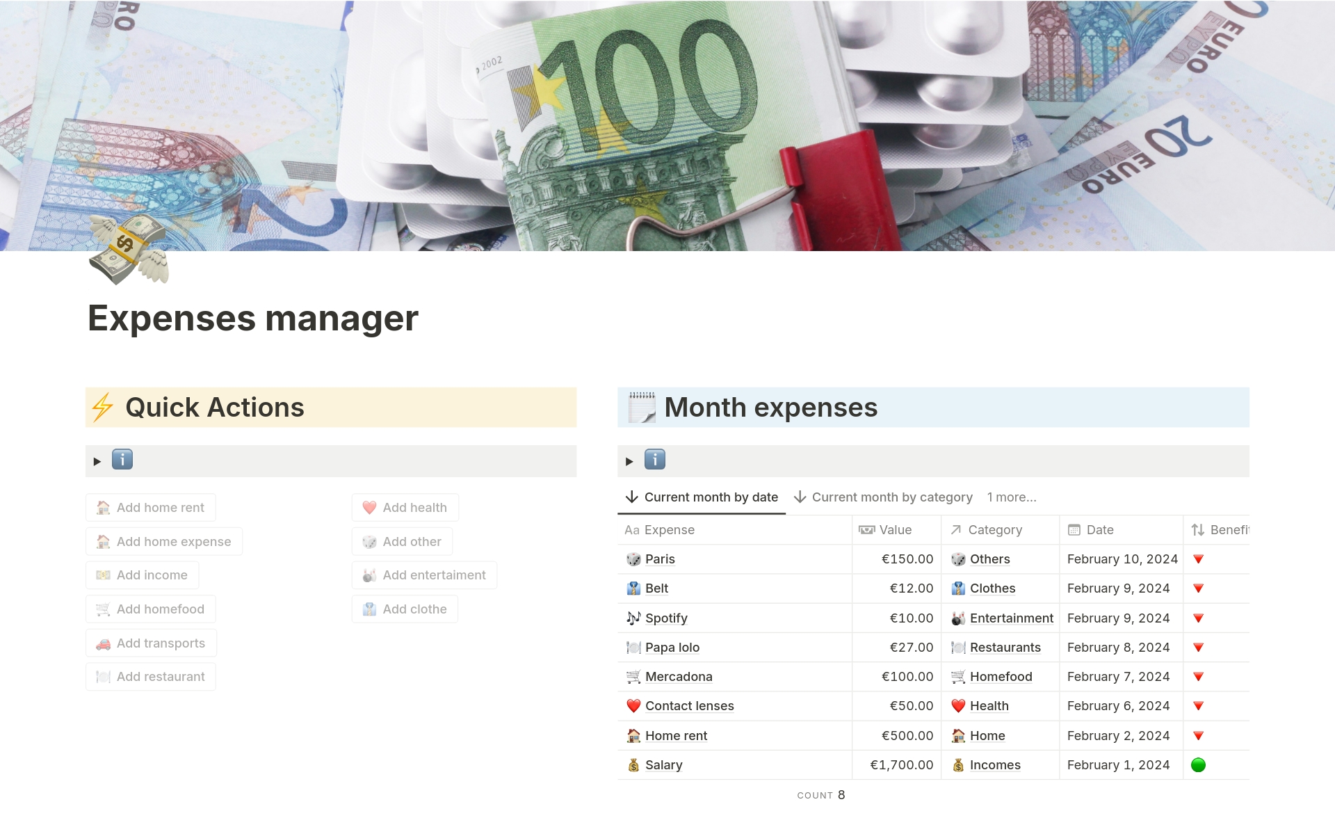 My Notion template for expense management simplifies tracking monthly spending.