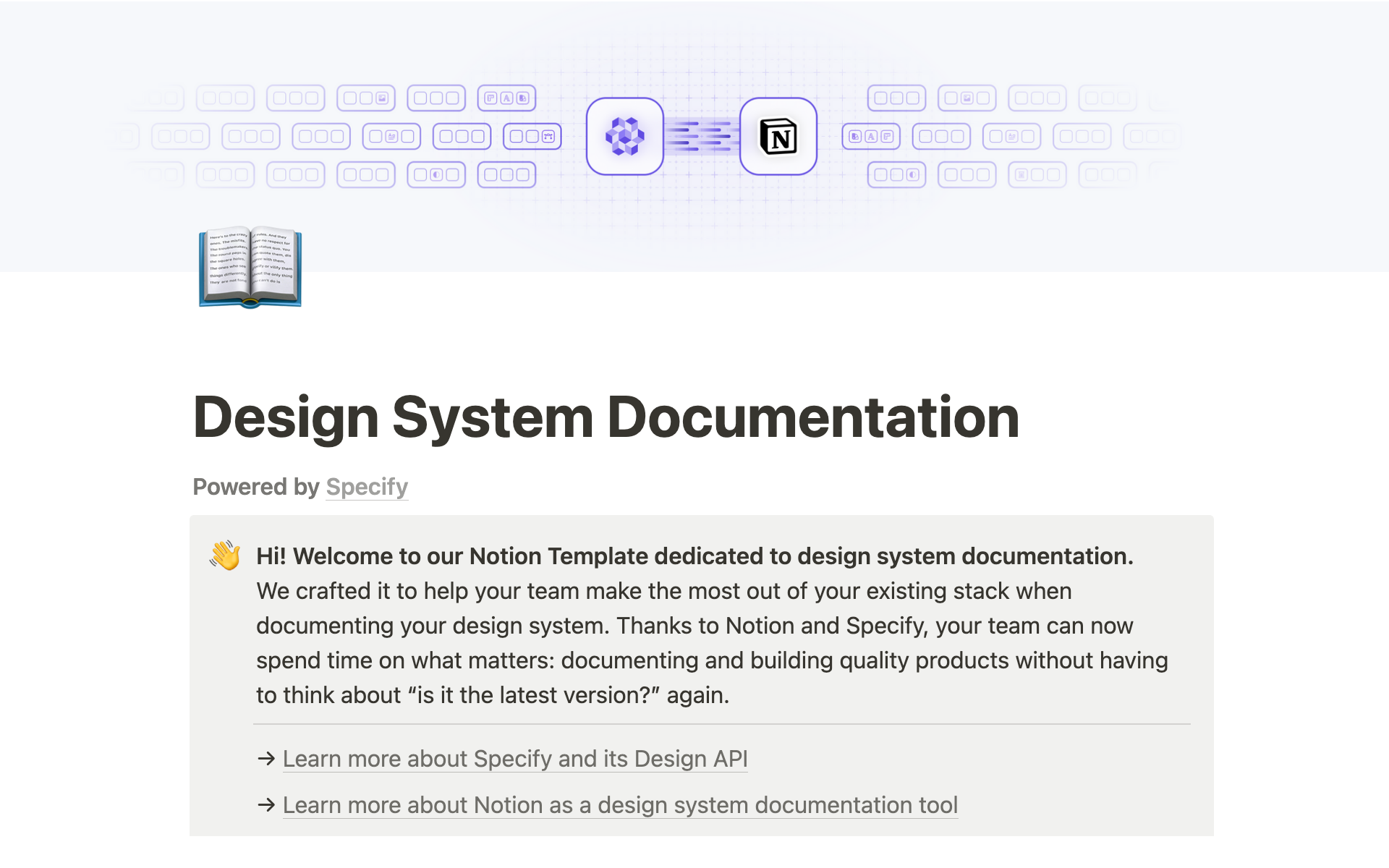 En forhåndsvisning av mal for Specify Design System Documentation
