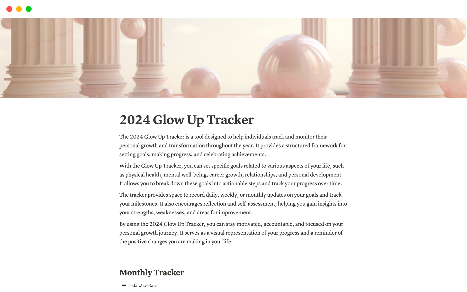 En förhandsgranskning av mallen för 2024 Glow Up Tracker