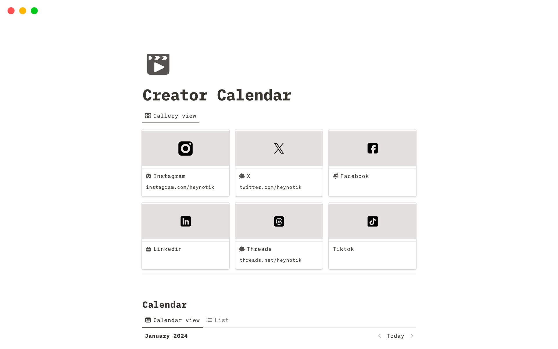 A template preview for Creator Calendar