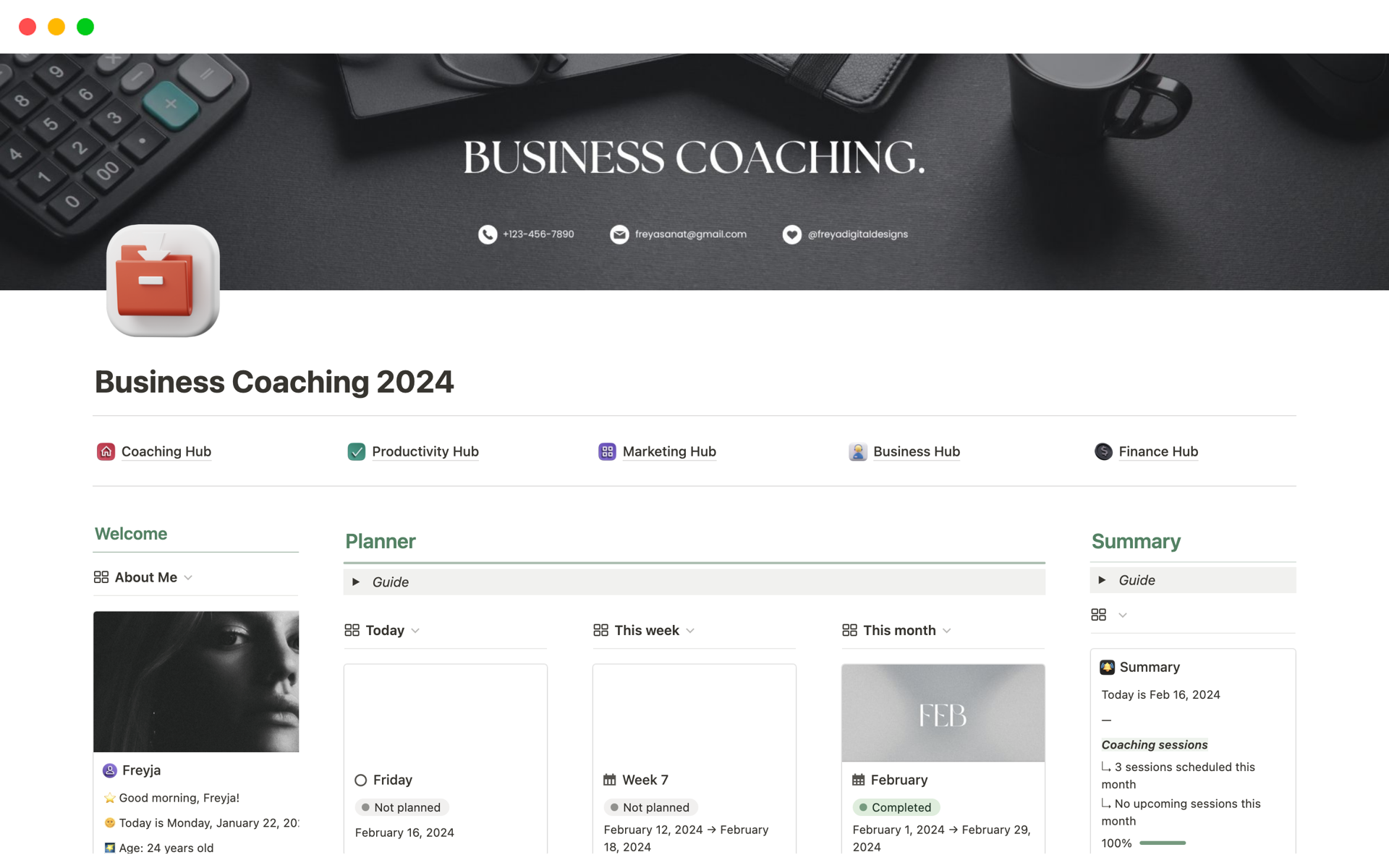 En forhåndsvisning av mal for Business Coaching 2024