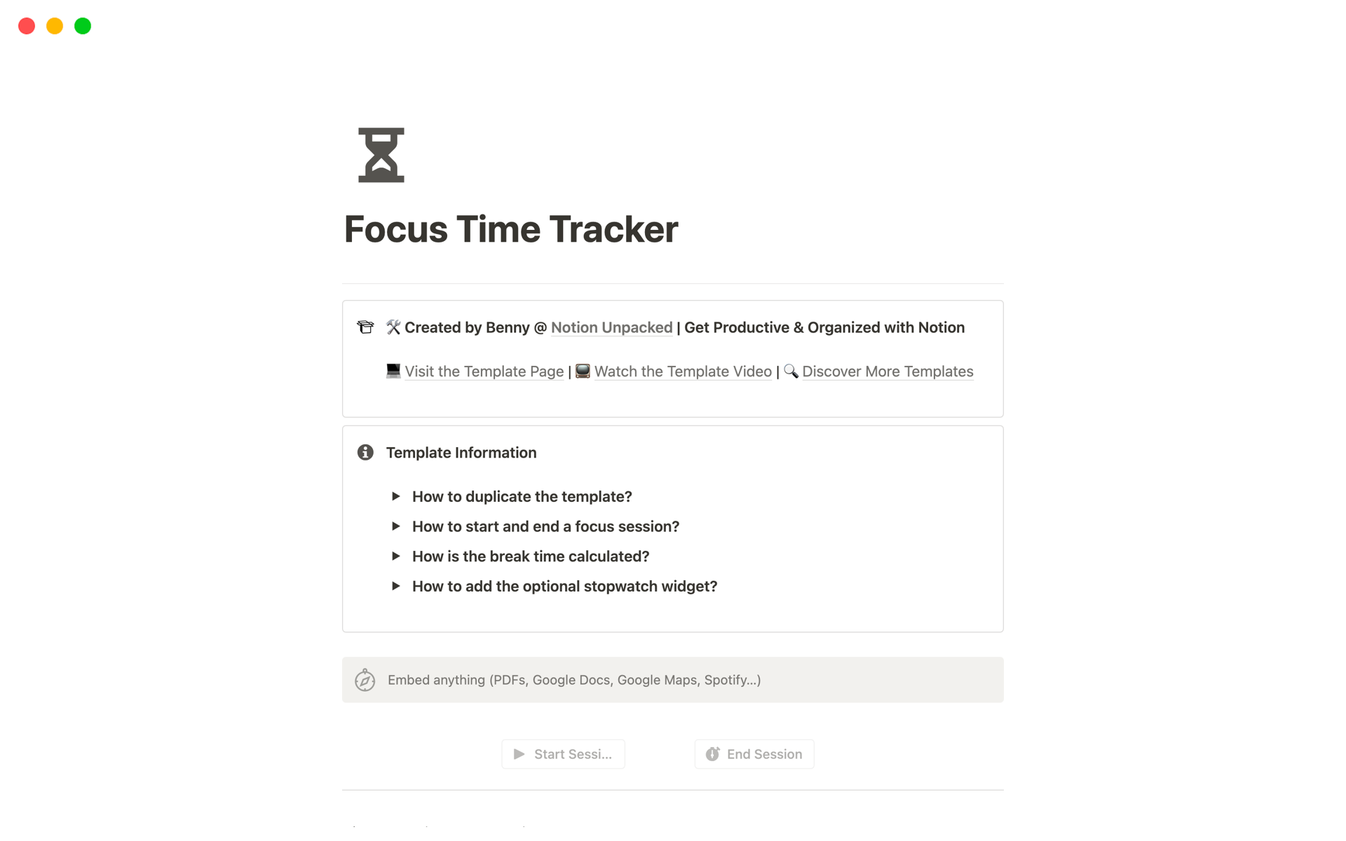 Vista previa de plantilla para Focus Time Tracker
