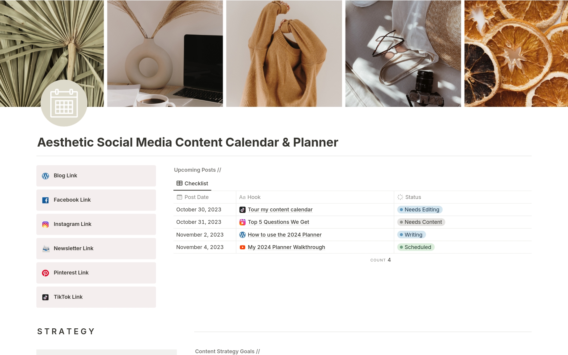 En förhandsgranskning av mallen för Aesthetic Social Media Content Calendar & Planner