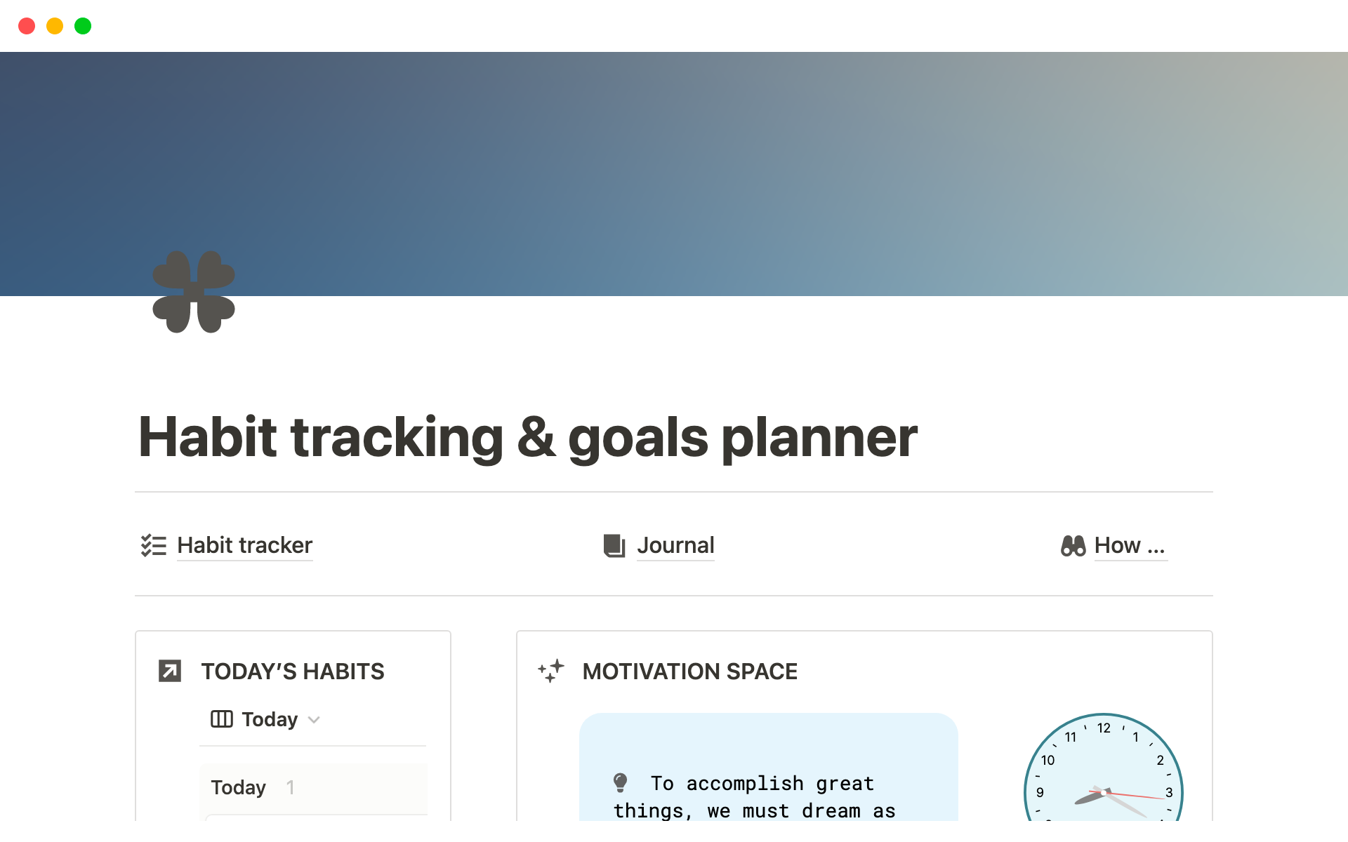En forhåndsvisning av mal for Habit tracker & Goals planner