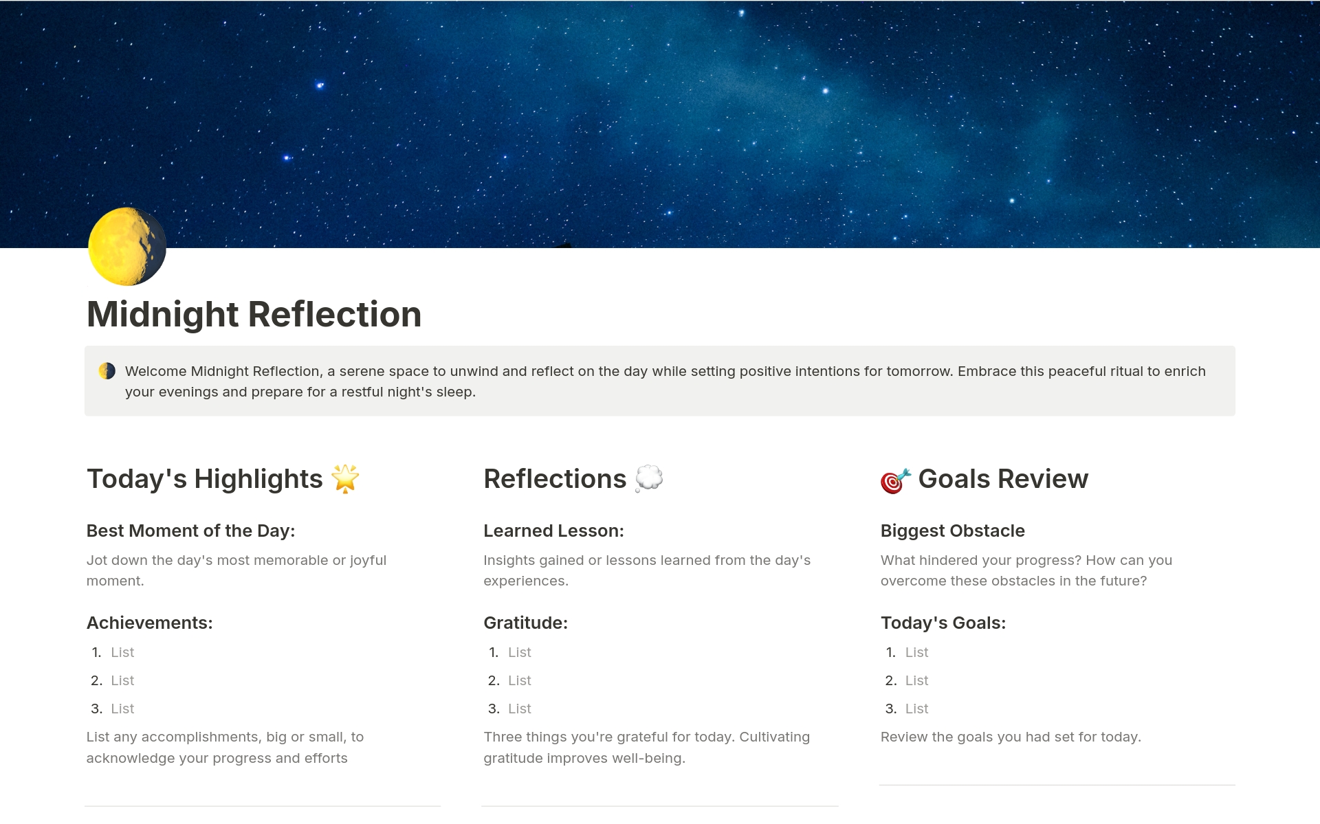 A template preview for Midnight Reflection