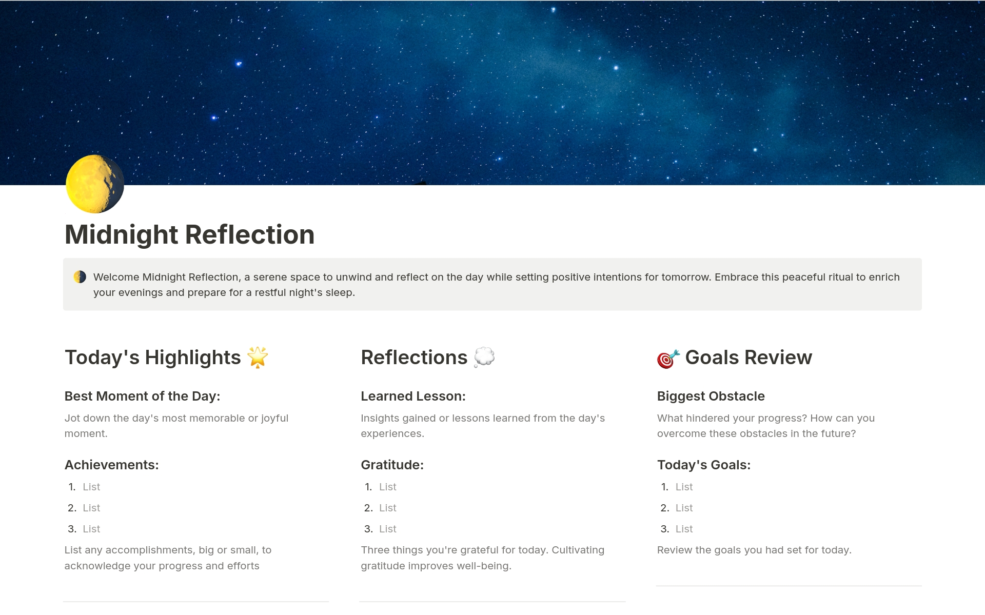 Unlock peaceful nights & purposeful mornings with the Midnight Reflection Notion Template! 🌙✨ Track joys, habits, goals, & gratitude. Dive into creativity & reflect for growth. Set intentions for tomorrow. Transform your routine into a journey of self-discovery & achievement. 🌜