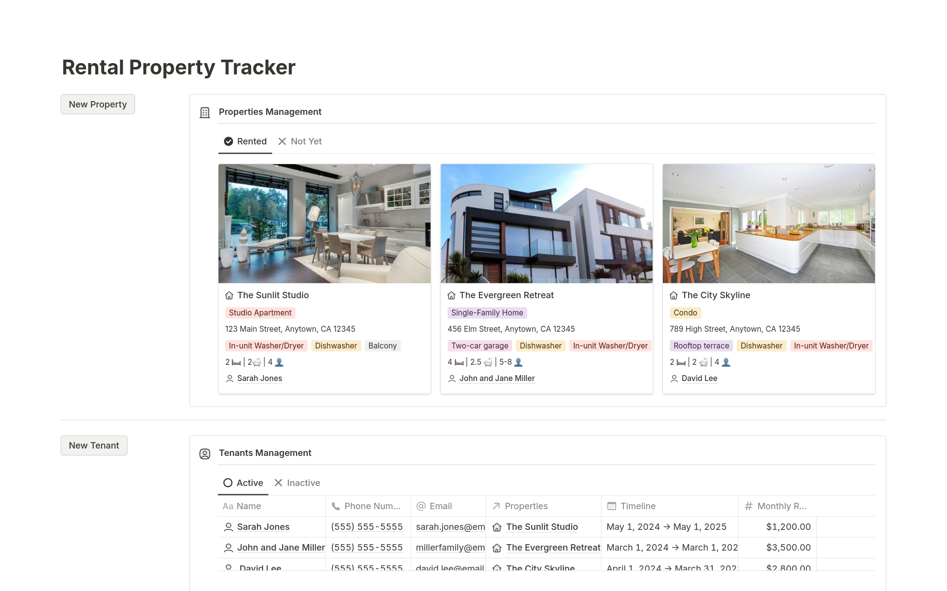 En forhåndsvisning av mal for Rental Property Tracker
