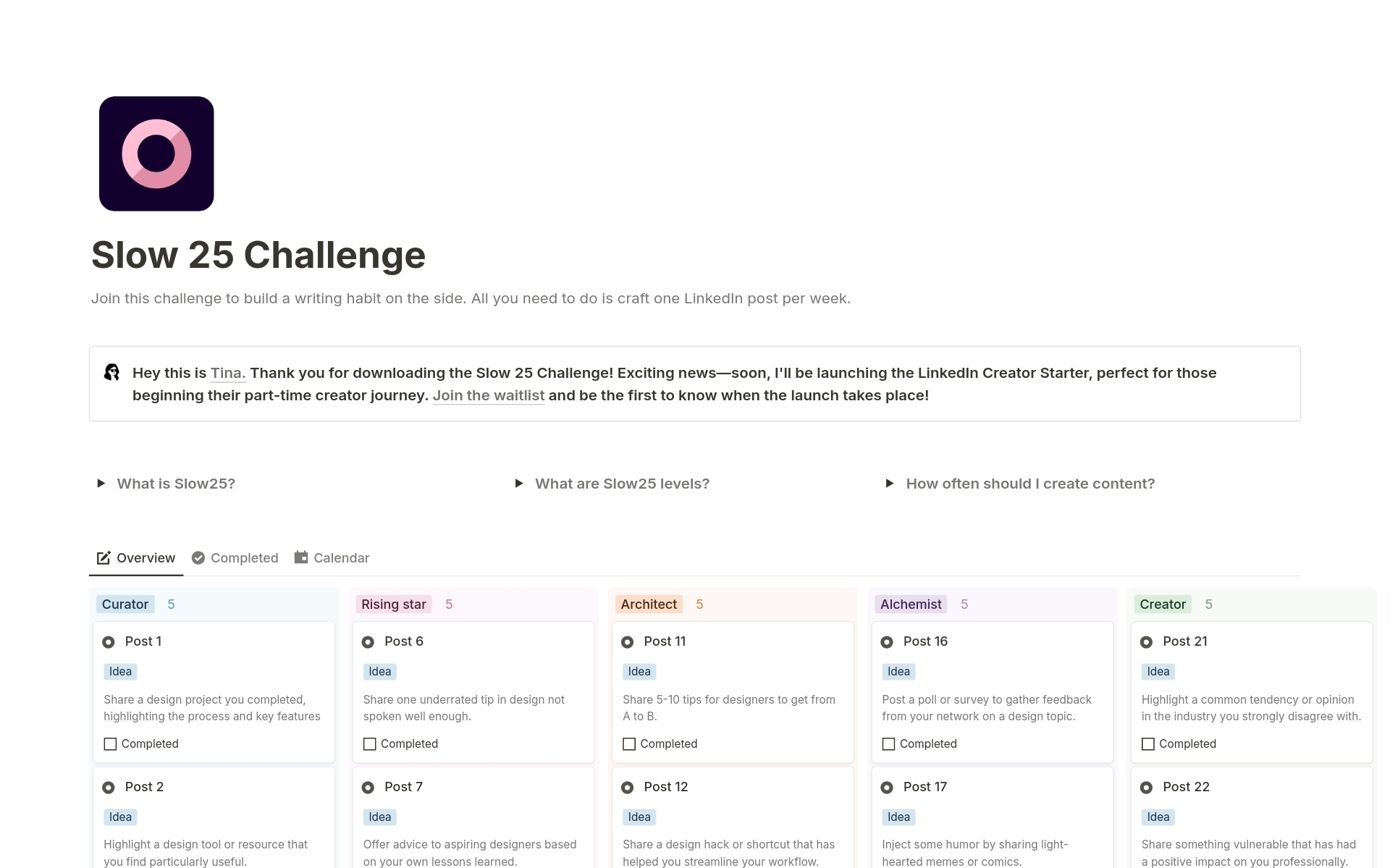 En förhandsgranskning av mallen för LinkedIn Slow 25 Challenge