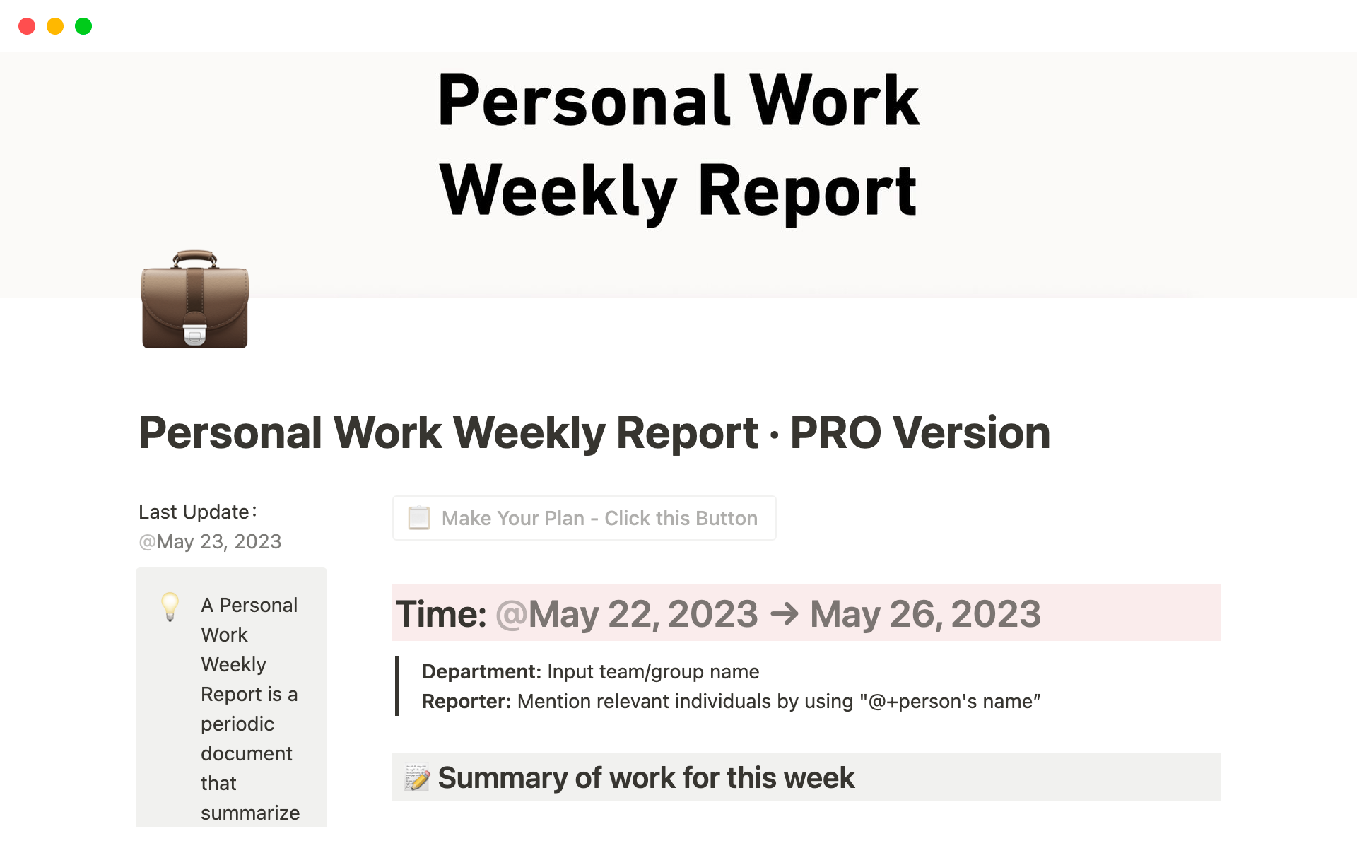 En förhandsgranskning av mallen för Personal Work Weekly Report