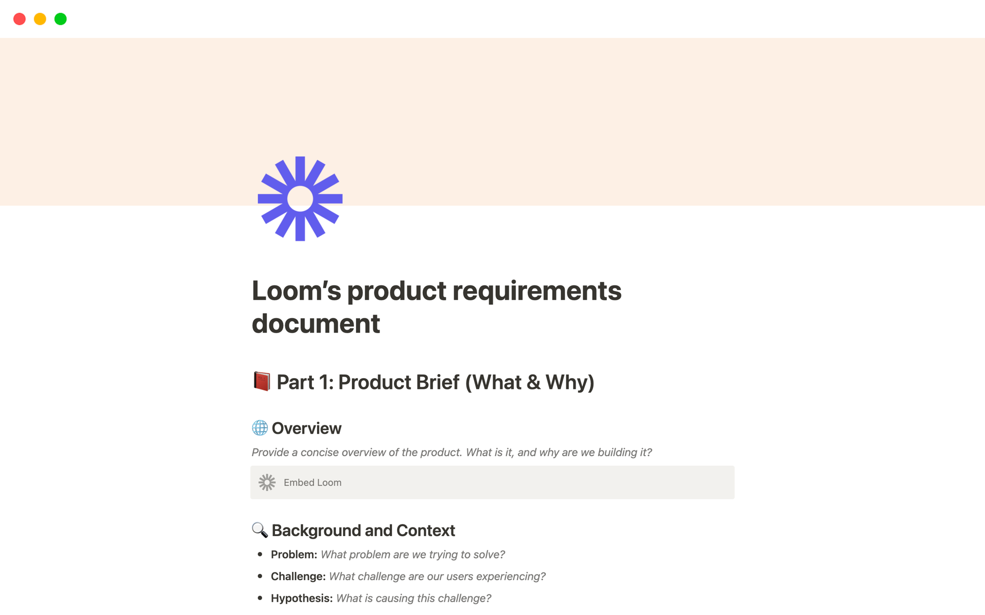 En forhåndsvisning av mal for Product Requirements Document