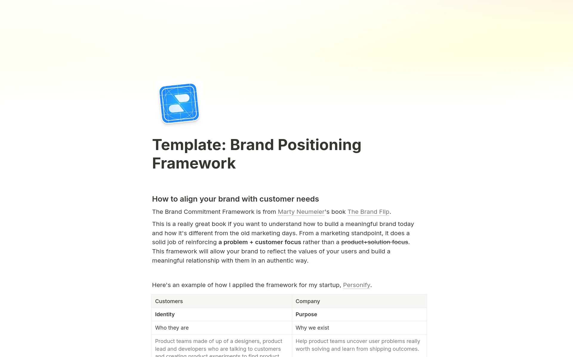 Vista previa de una plantilla para Brand Positioning Framework