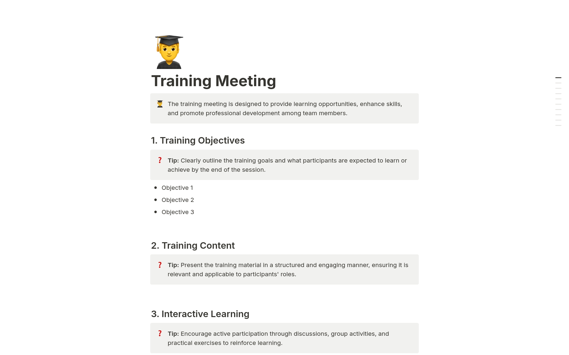 A template preview for Training Meeting