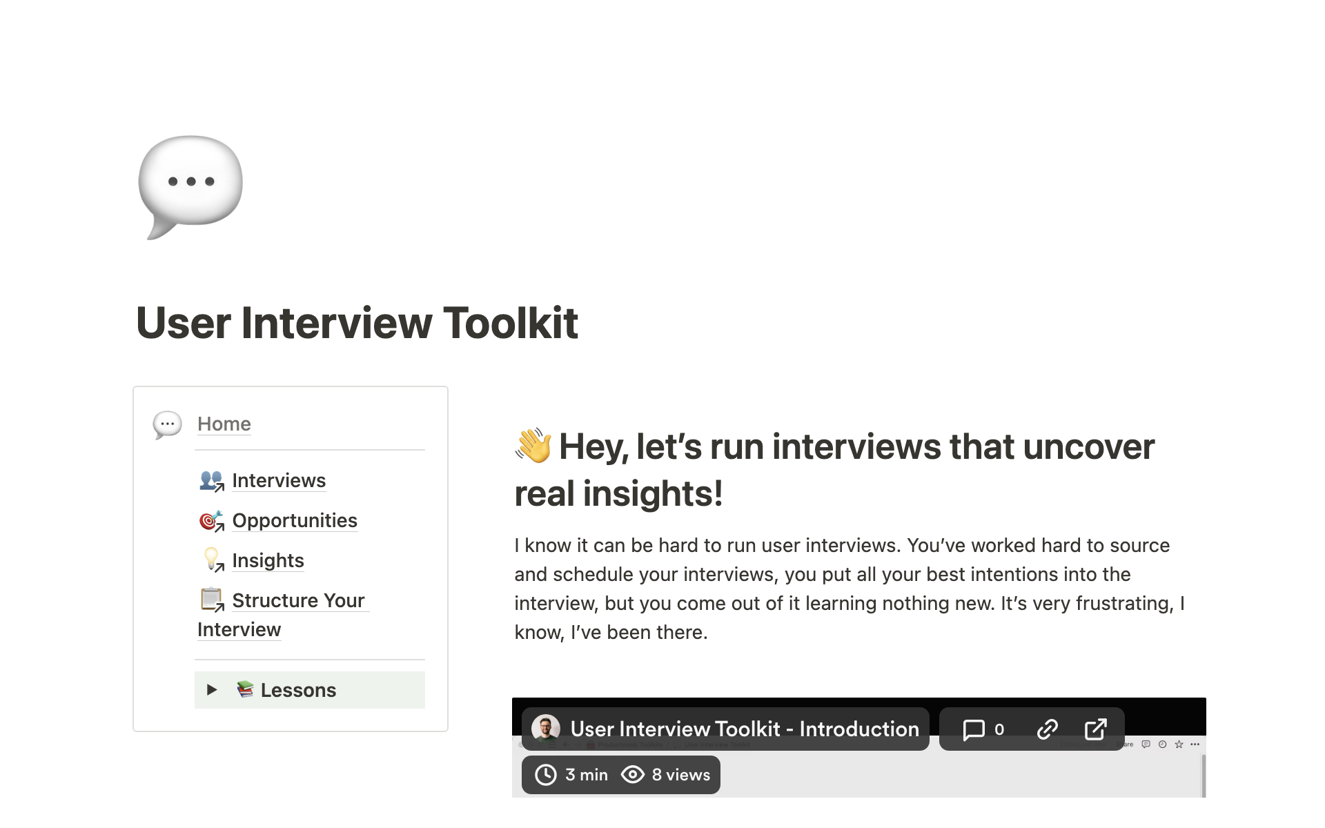 En forhåndsvisning av mal for User Interview Toolkit