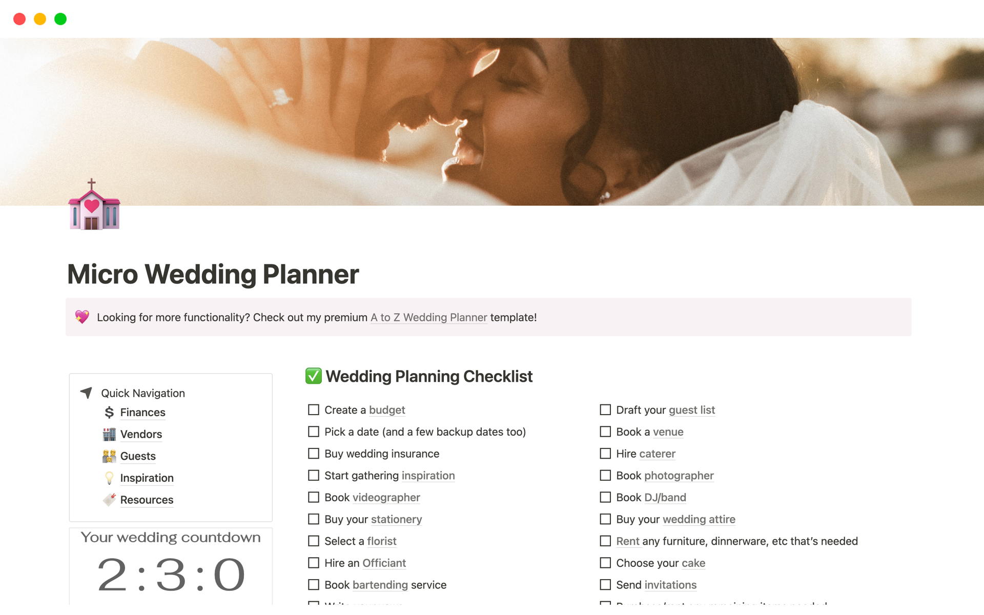 Vista previa de una plantilla para Micro Wedding Planner