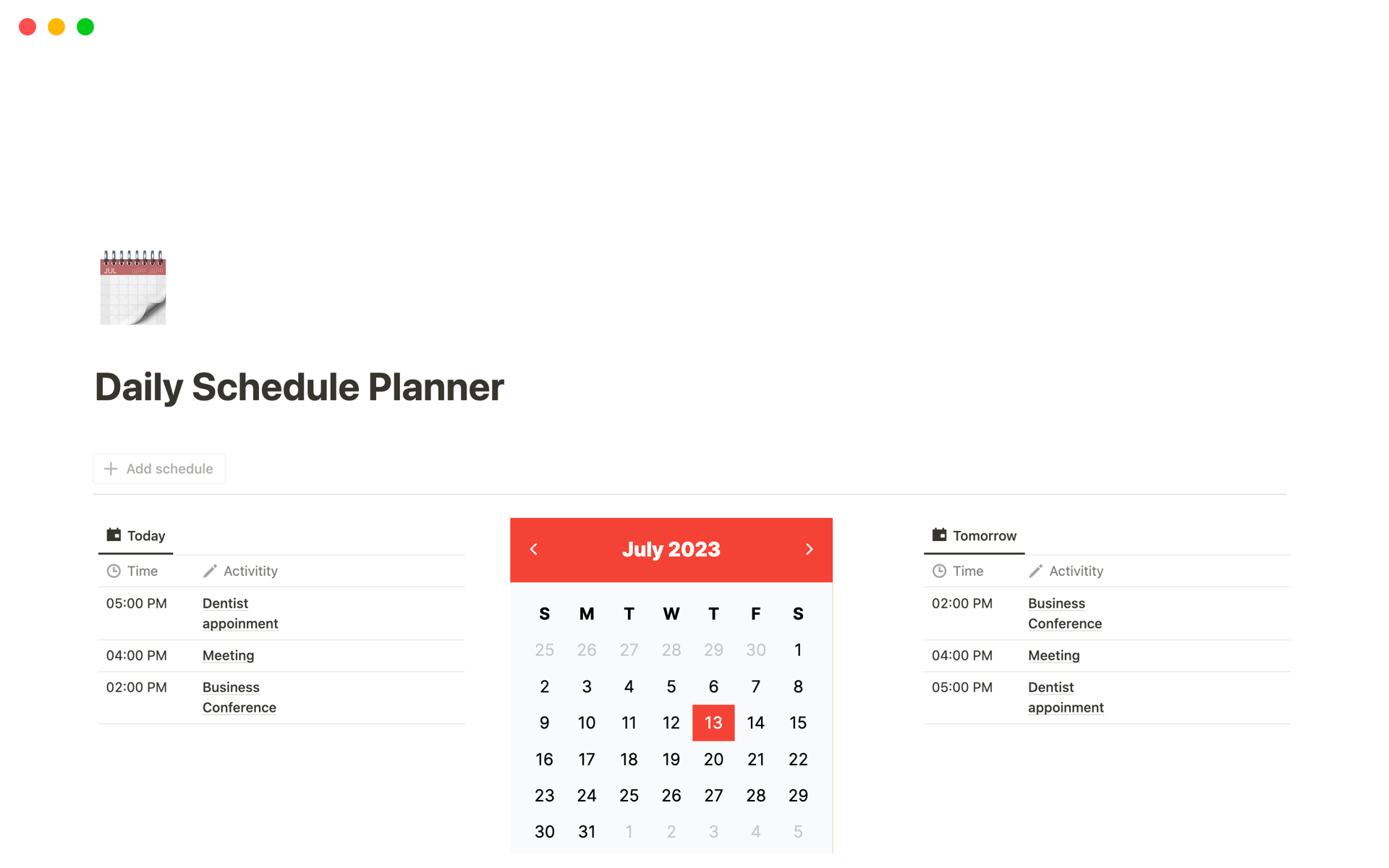 Daily Schedule Plannerのテンプレートのプレビュー
