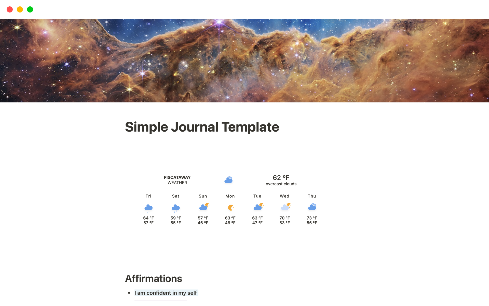 En förhandsgranskning av mallen för Simple Journal