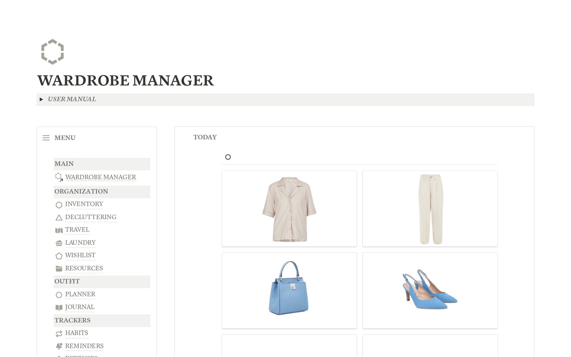 En förhandsgranskning av mallen för Wardrobe Manager