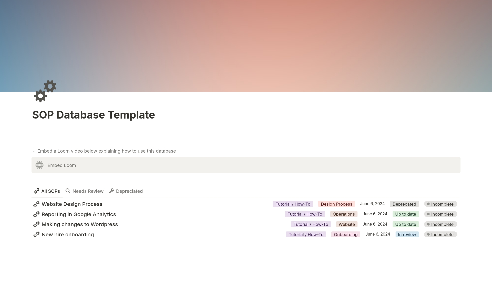 Notion SOP Database and Template. Build, document, and repeat with this scaleable SOP template database