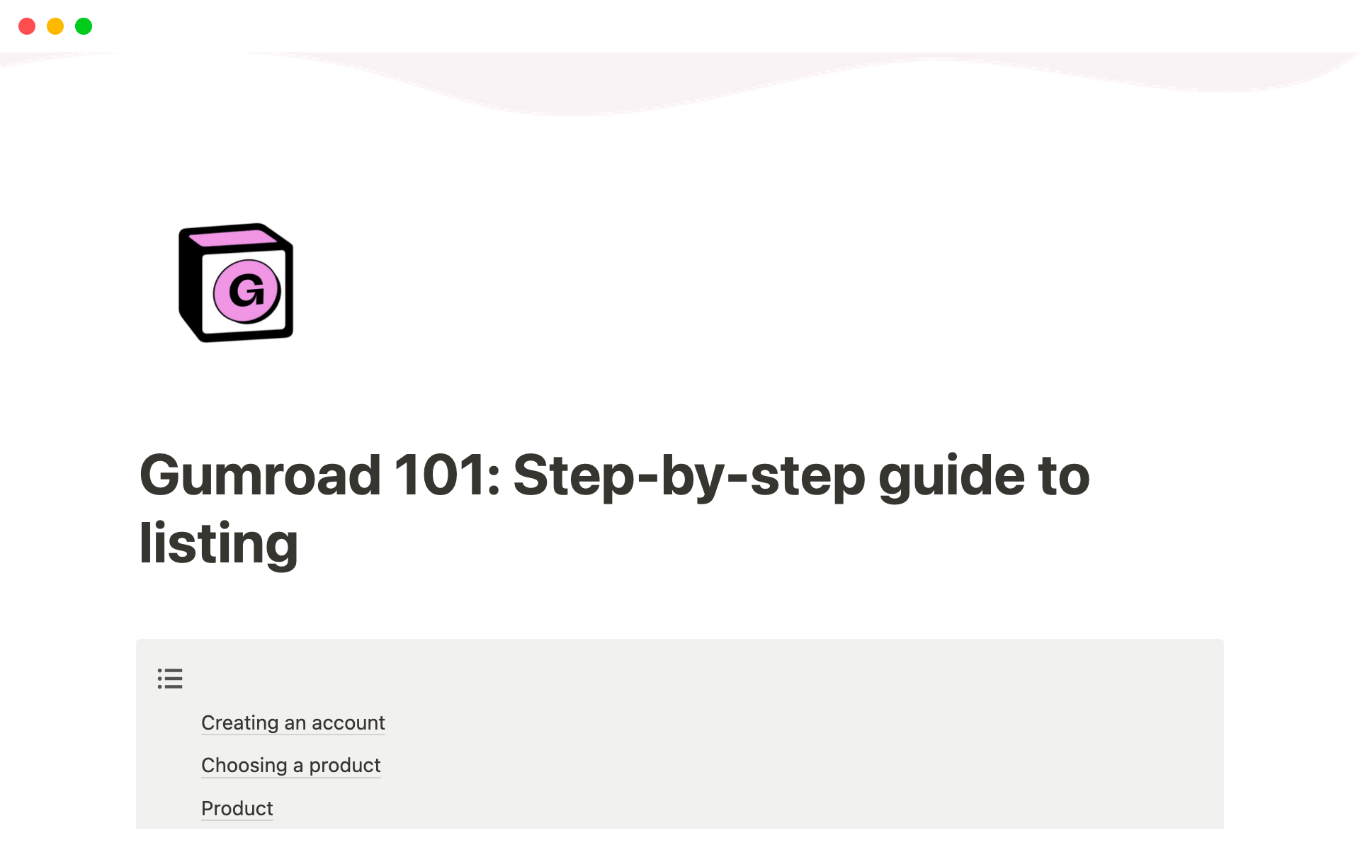 En förhandsgranskning av mallen för Gumroad 101: Complete Listing Guide by Organisedly