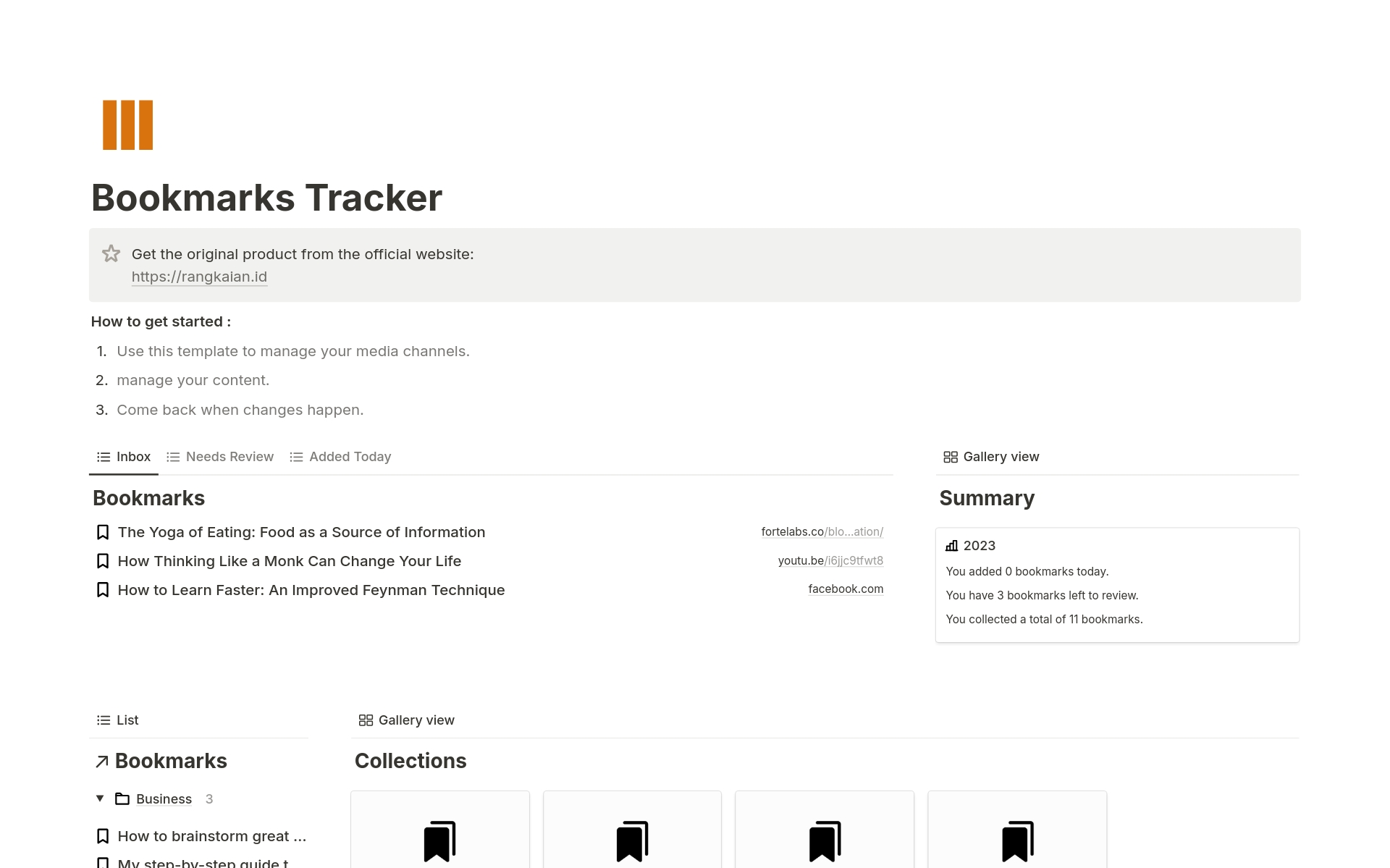 En förhandsgranskning av mallen för Bookmarks Tracker