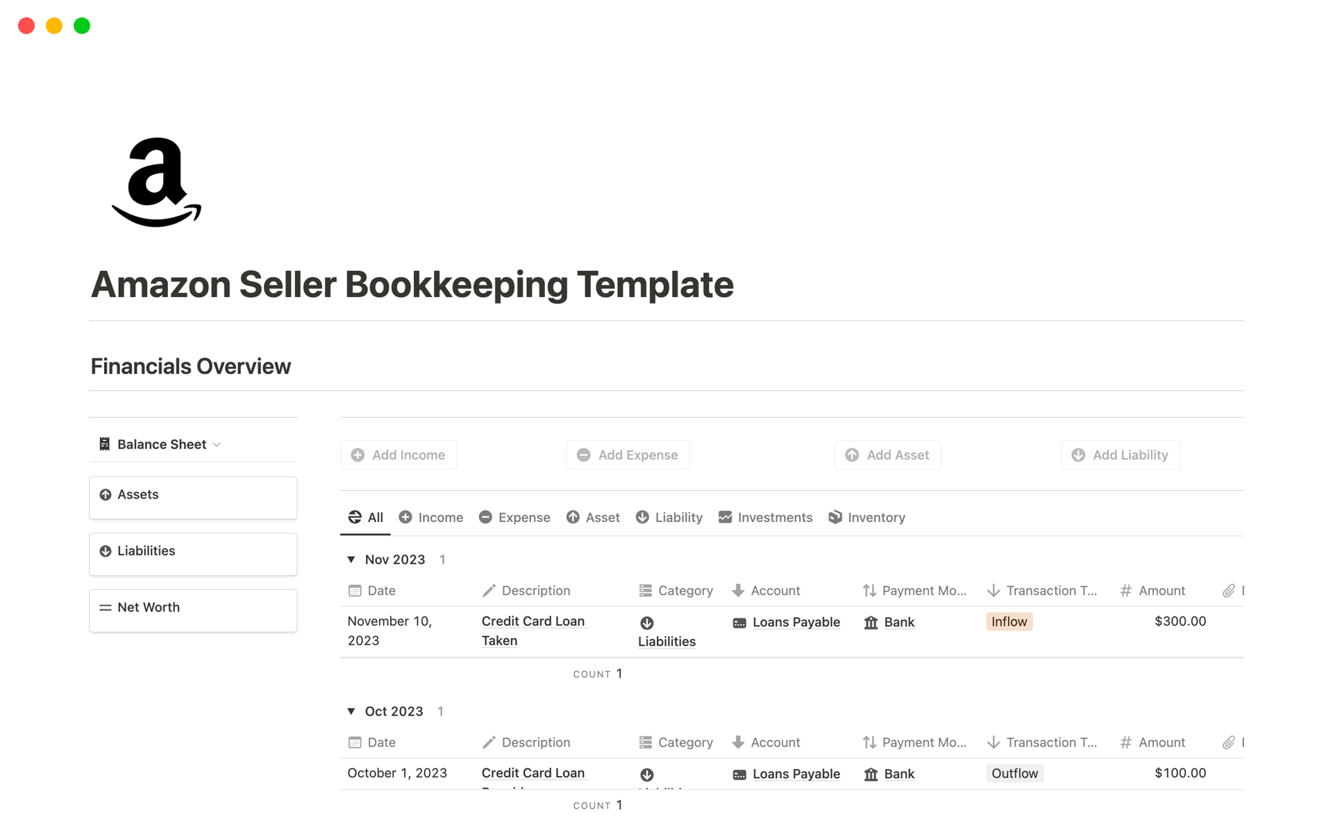Amazon Seller Bookkeepingのテンプレートのプレビュー