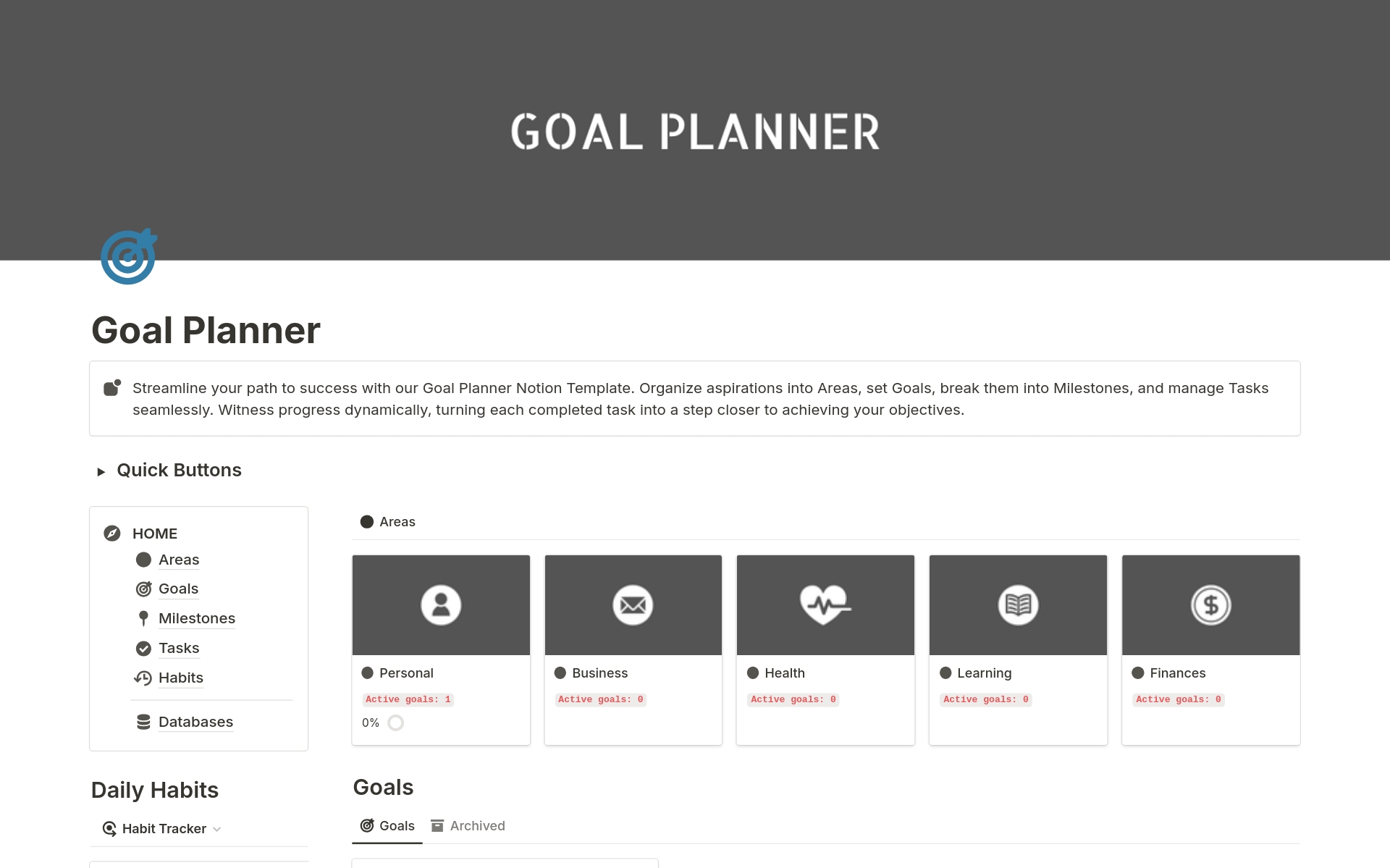 Streamline your path to success with our Goal Planner Notion Template. Organize aspirations into Areas, set Goals, break them into Milestones, and manage Tasks seamlessly. Witness progress dynamically, turning each completed task into a step closer to achieving your objectives.
